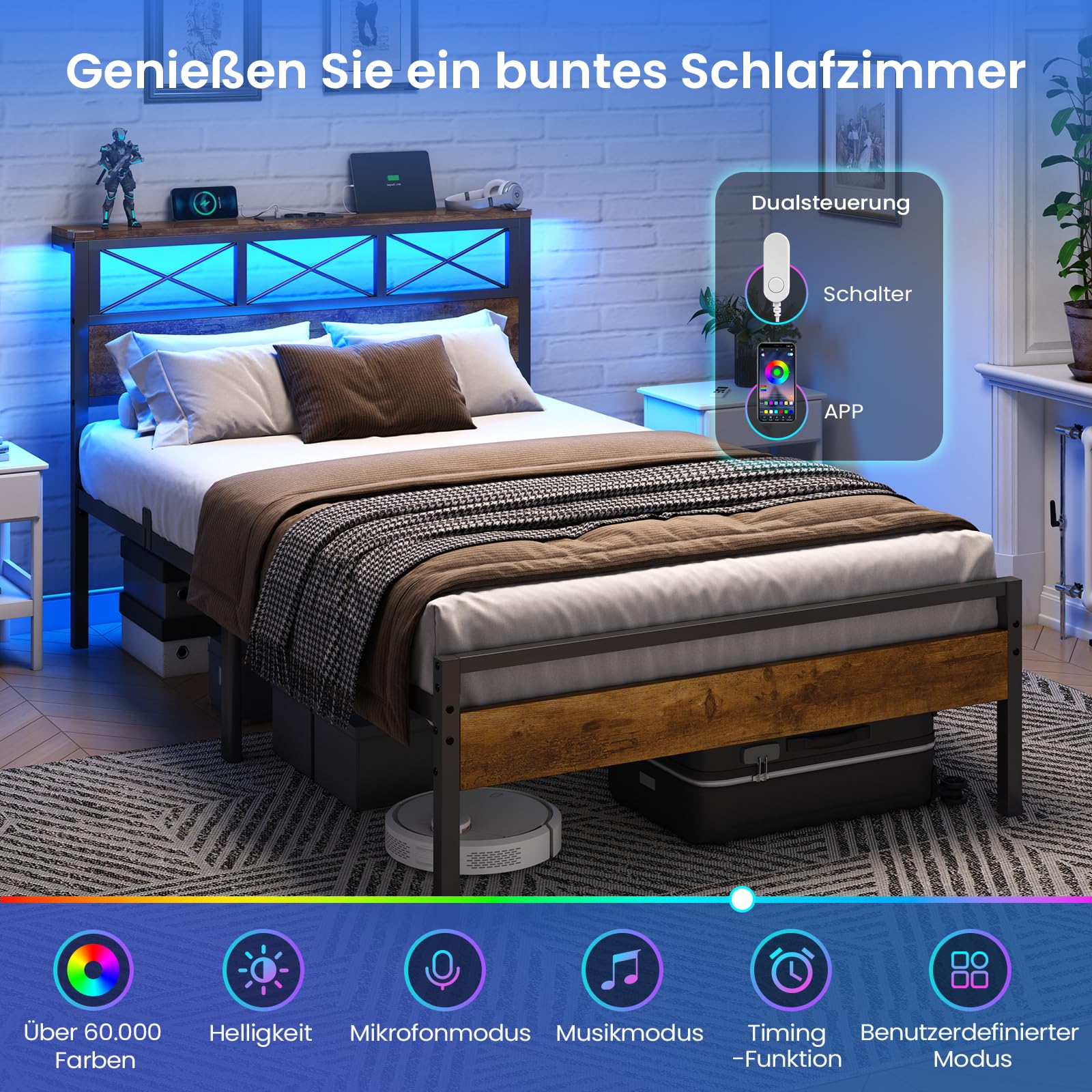 DICTAC Gästebett 90x200 cm mit USB-C & USB-Ladestation + 2 Steckdosen – Platzsparendes Metallbettgestell mit LED-Beleuchtung & Metall-Lattenrost – Einzelbett für Gästezimmer