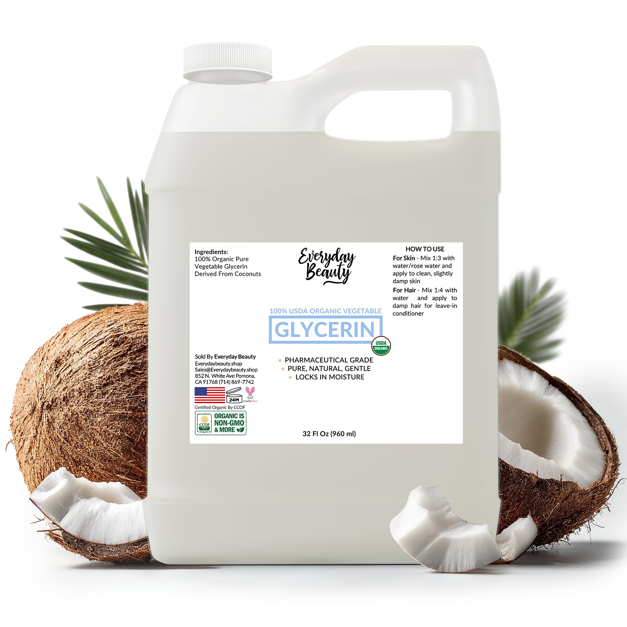 100% Organic Glycerin – USDA Certified - Perfect for DIY Beauty Products, Crafts, and Formulations – Derived From Coconut – Skin and Hair Moisturizer for Deep Hydration – 32 Fl Oz – By Everyday Beauty