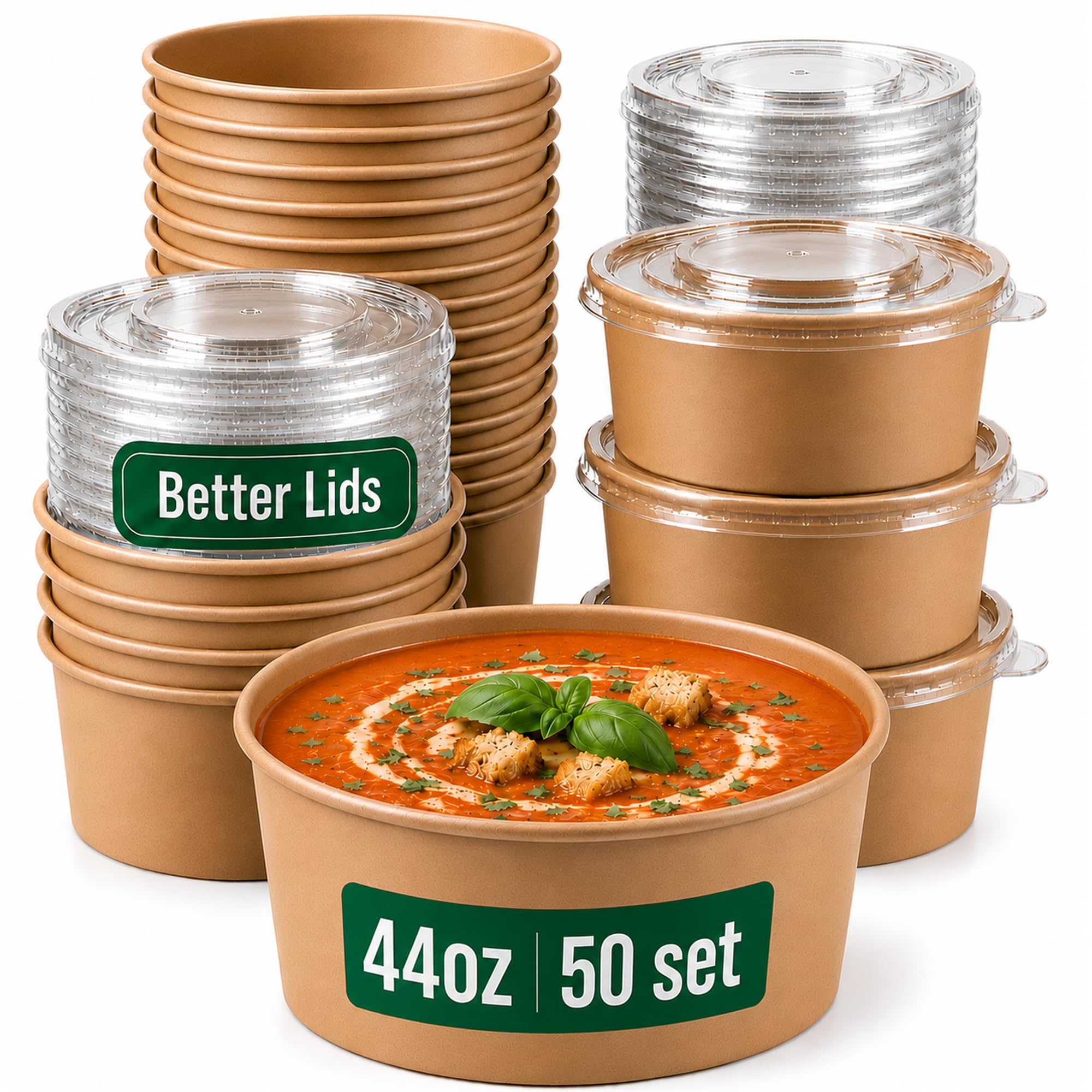 44oz Disposable Bowls with Lids, 50 Pack Paper Soup Salad & Ramen Bowls