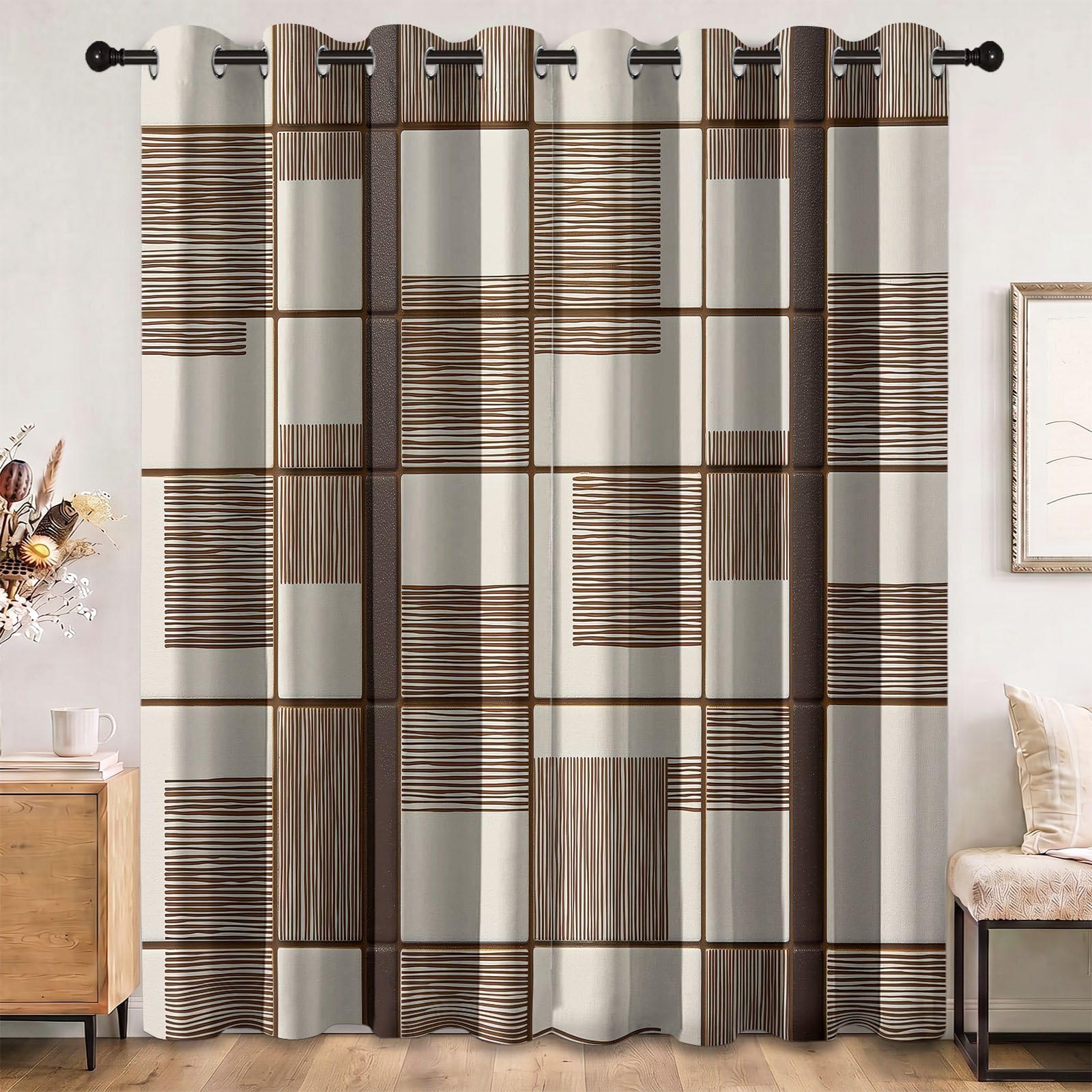 Lot de 2 Rideau Occultant 70L x 160H cm Moderne Minimaliste Rideaux Occultant Échiquier Rayure Carreau Géométrique Thermiques Imprimé Brun Beige, Rideau Oeillets Opaque Draperie pour Salon et Chambre