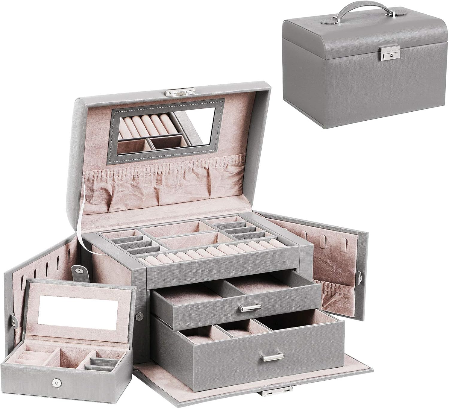 ANWBROAD Gray Jewelry Box for Women Girls with Travel Jewelry Organizer 3 Layer with Lock and Mirror Different Partitions Make Your Jewelry Easy to Categorize UJJB005H: Home & Kitchen
