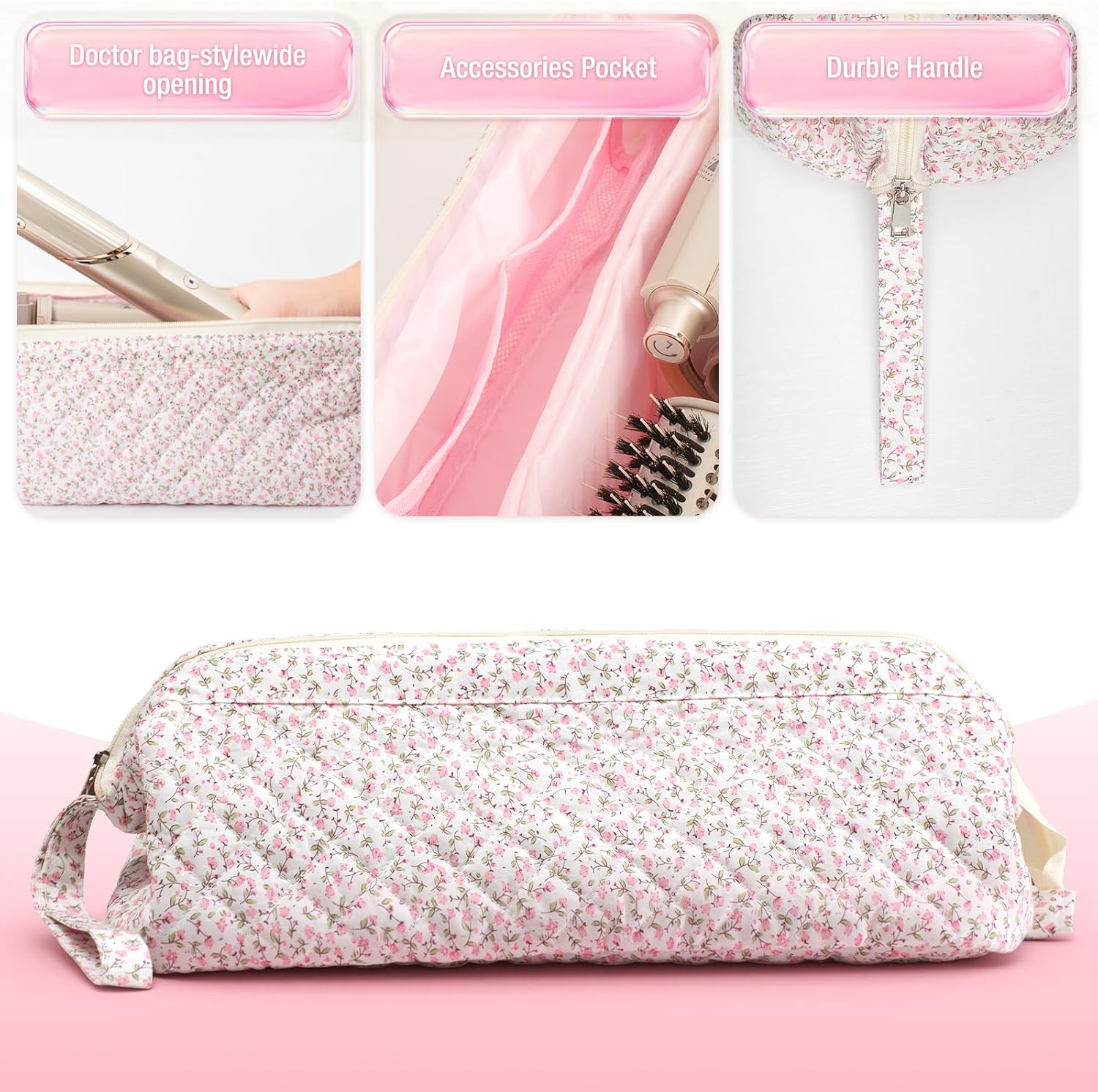 Quilted Hair Tool Travel Bag, Shark Flex Style Travel Case For Dyson Hair Dryer Airwrap Bag, Curling Iron Bags Quilted For Shark Dyson Revlon Organizer Accessories - Pink Floral - Image 5