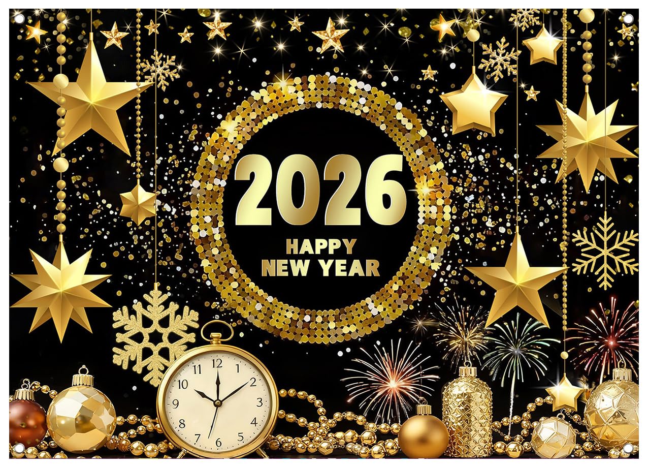 Photo 1 of WOLADA 2026 Happy New Year Photography Backdrop Gold Stars Snowflakes Clock Fireworks Glitter Background for New Year's Eve Party Photoshoot Decorations 94.49x70.87 Inches FW157