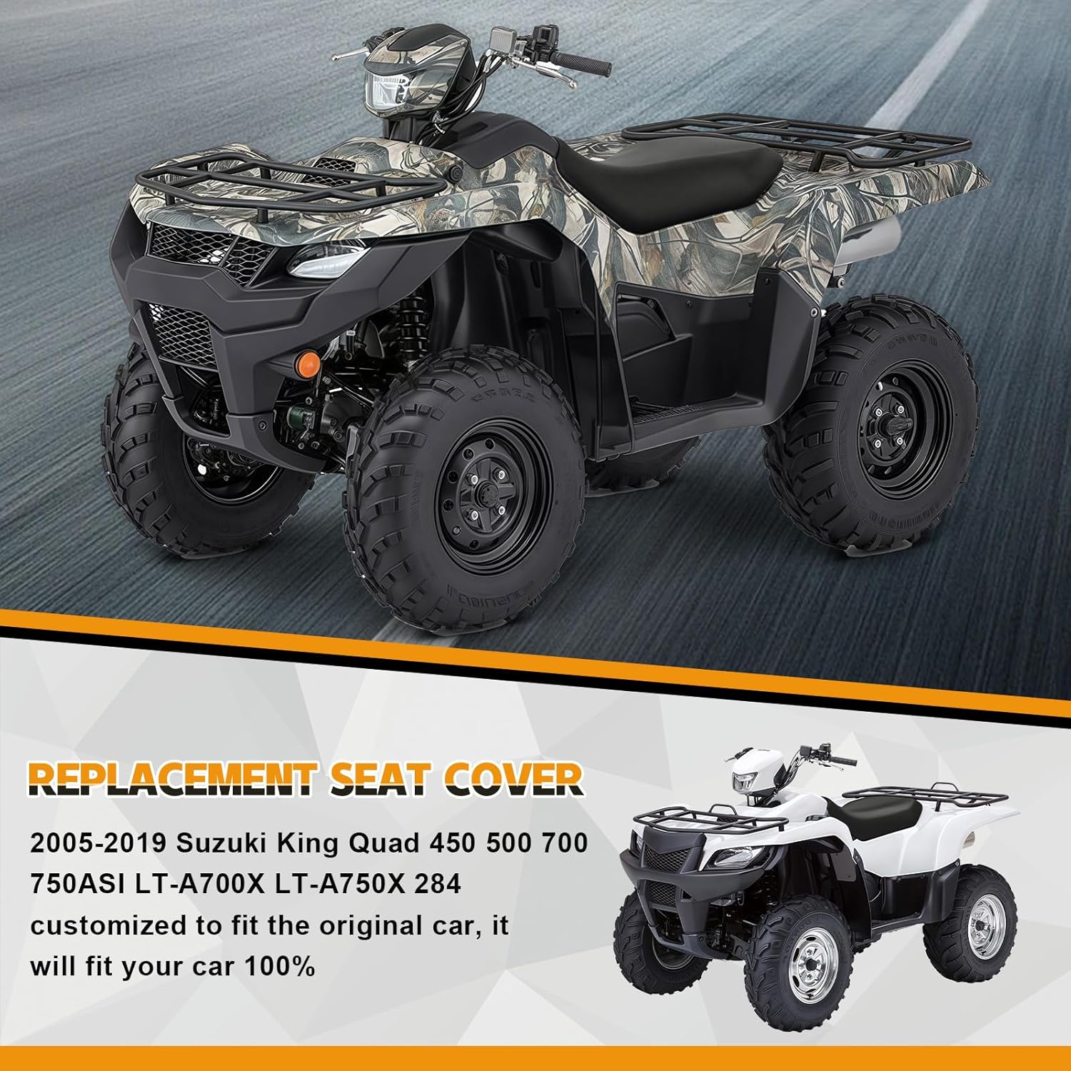 Seat Cover Replacement for 2005-2019 Suzuki King Quad 450 500 700 750ASI LT-A700 LT-A750X 284, Heavy Duty Leather ATV Seat Cover Replacement, Black