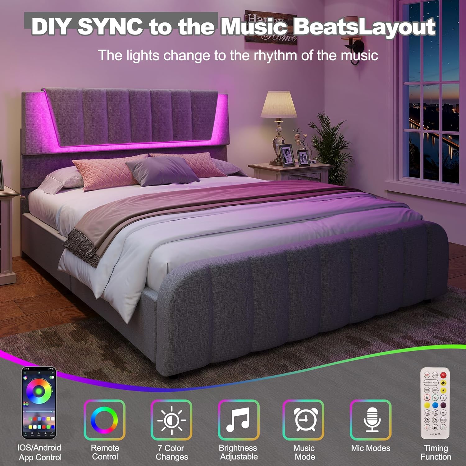 Full Size LED Platform Bed Frame with Soft-Glow Mood Lighting & Adjustable Upholstered Headboard, Modern Linen Bed with Storage Drawers, Heavy Duty Metal Support, No Box Spring Needed, Grey