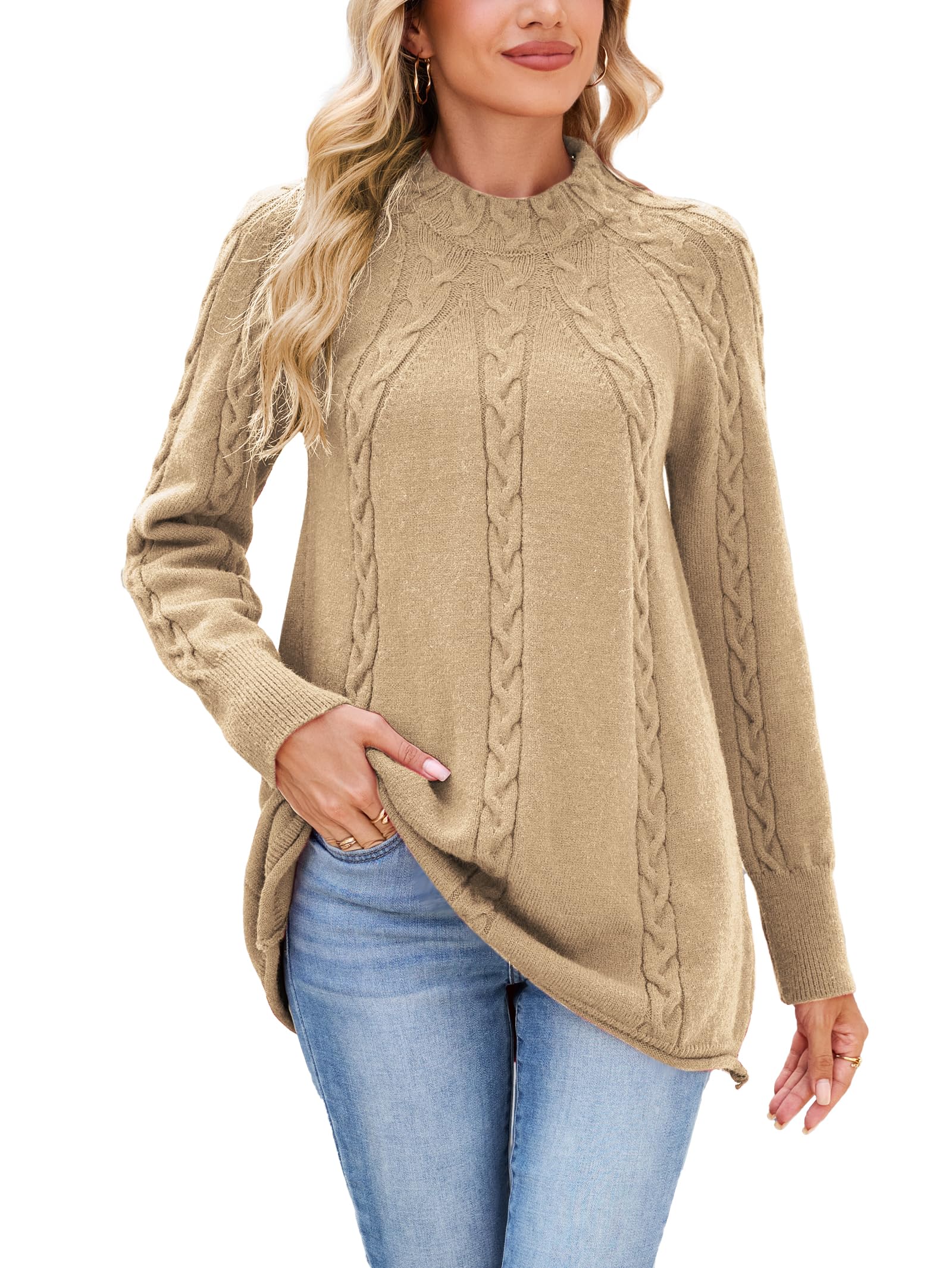 Famulily Damen Mock Neck Pullover Kabel gestrickte Damen warme Sweater Langärmel weicher Jumper Winter Tops