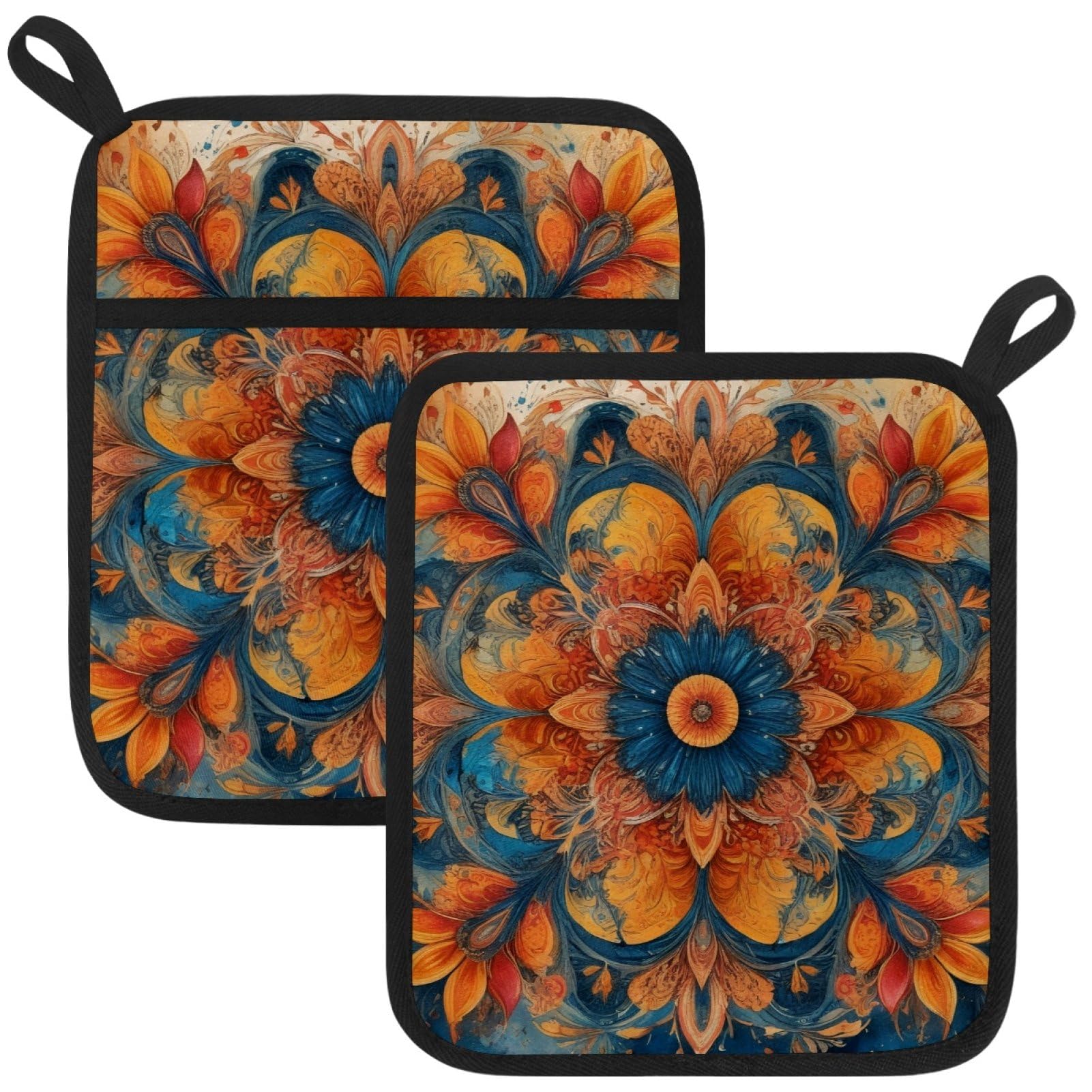 VAPOKF Orange Mandala Print Pot Holder, Heat Resistant Oven Cloths, Potholders & Oven Gloves, for Kitchen Cooking & Baking, Thick & Safe, Protection of Hands From Hot Utensils