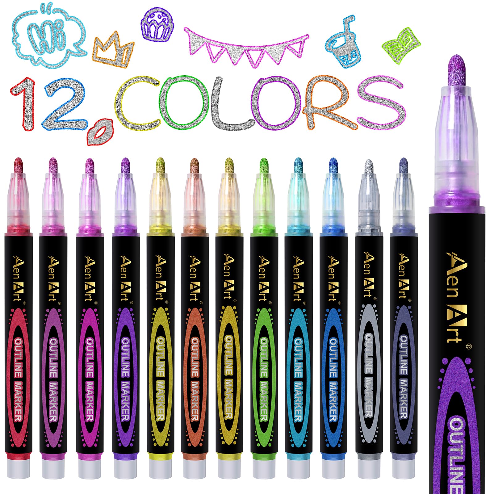 Aen Art Shimmer Markers - 12 Colors for Kids & Adults -1