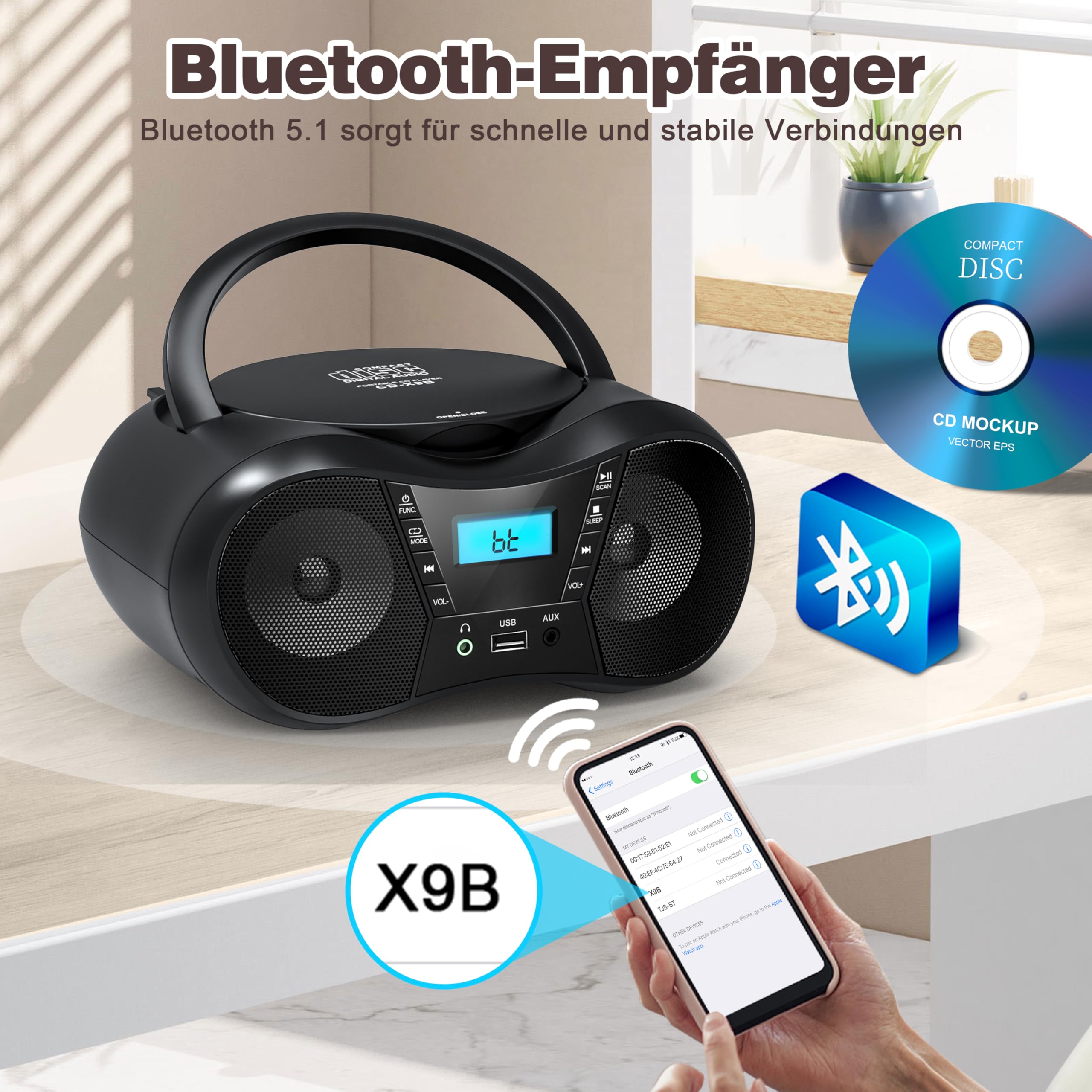 Greadio Tragbarer CD Player Bluetooth 5.1, Boombox Radio mit CD-Player, USB, AUX-In, Netz- und Batteriebetrieb, LCD Display, Kompatibel mit CD/CD-R/CD-RW, CD Spieler für zu Hause oder draußen