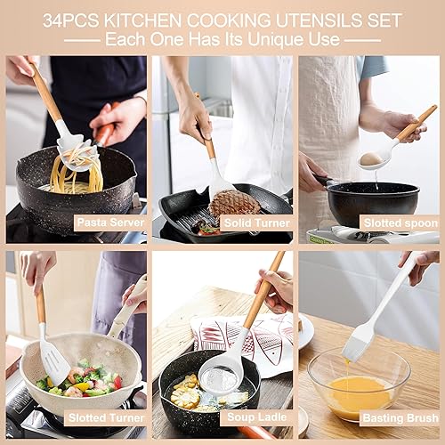 Miniatura 5 de Juego de utensilios de cocina de silicona 43 piezas antiadherentes resistentes al calor juego de espátulas con mango de madera para hornear cocinar