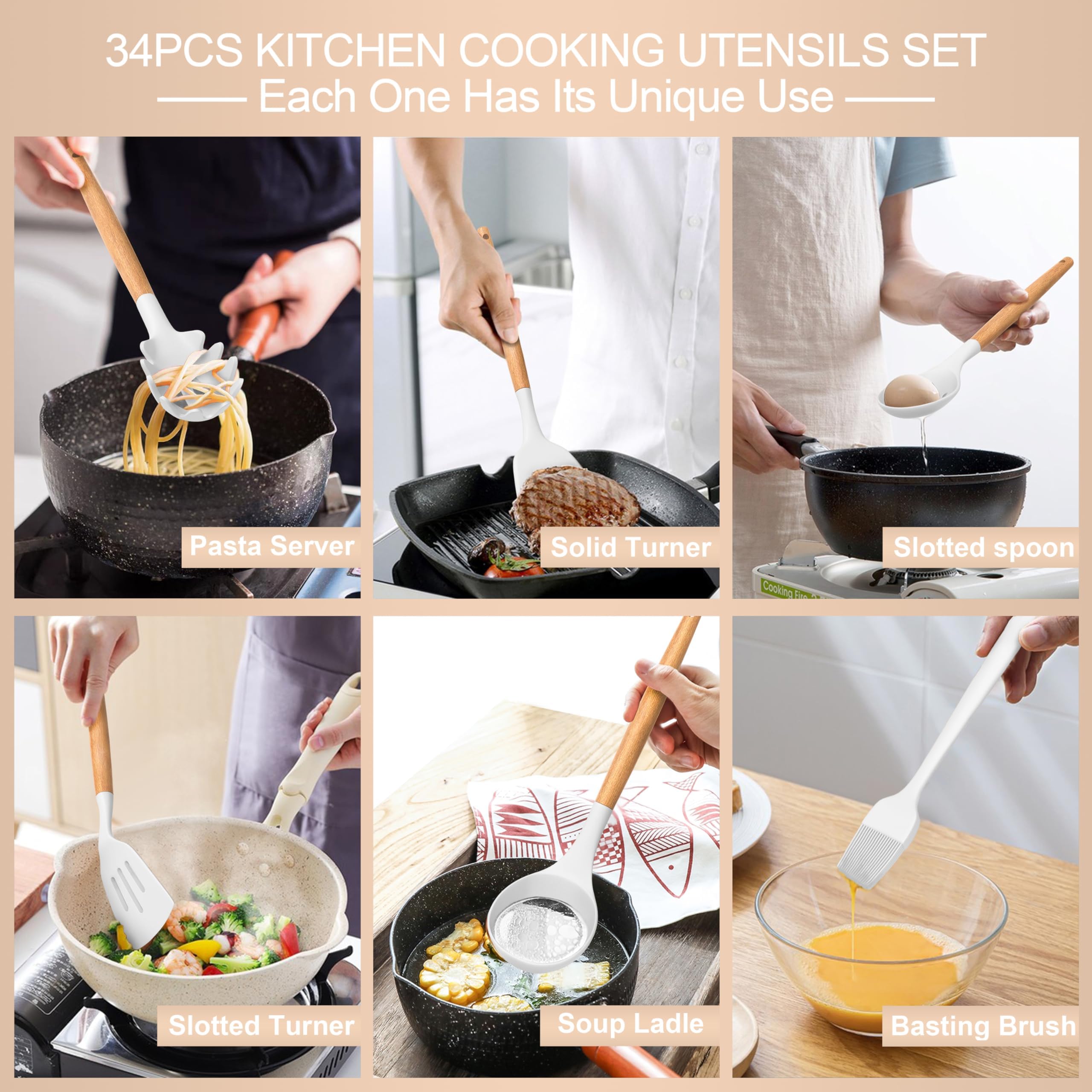 Set di utensili da cucina in silicone, 43 spatole antiaderenti resistenti al calore, con manico in legno per cuocere, cucinare e miscelare, i migliori strumenti da cucina con supporto (bianco)