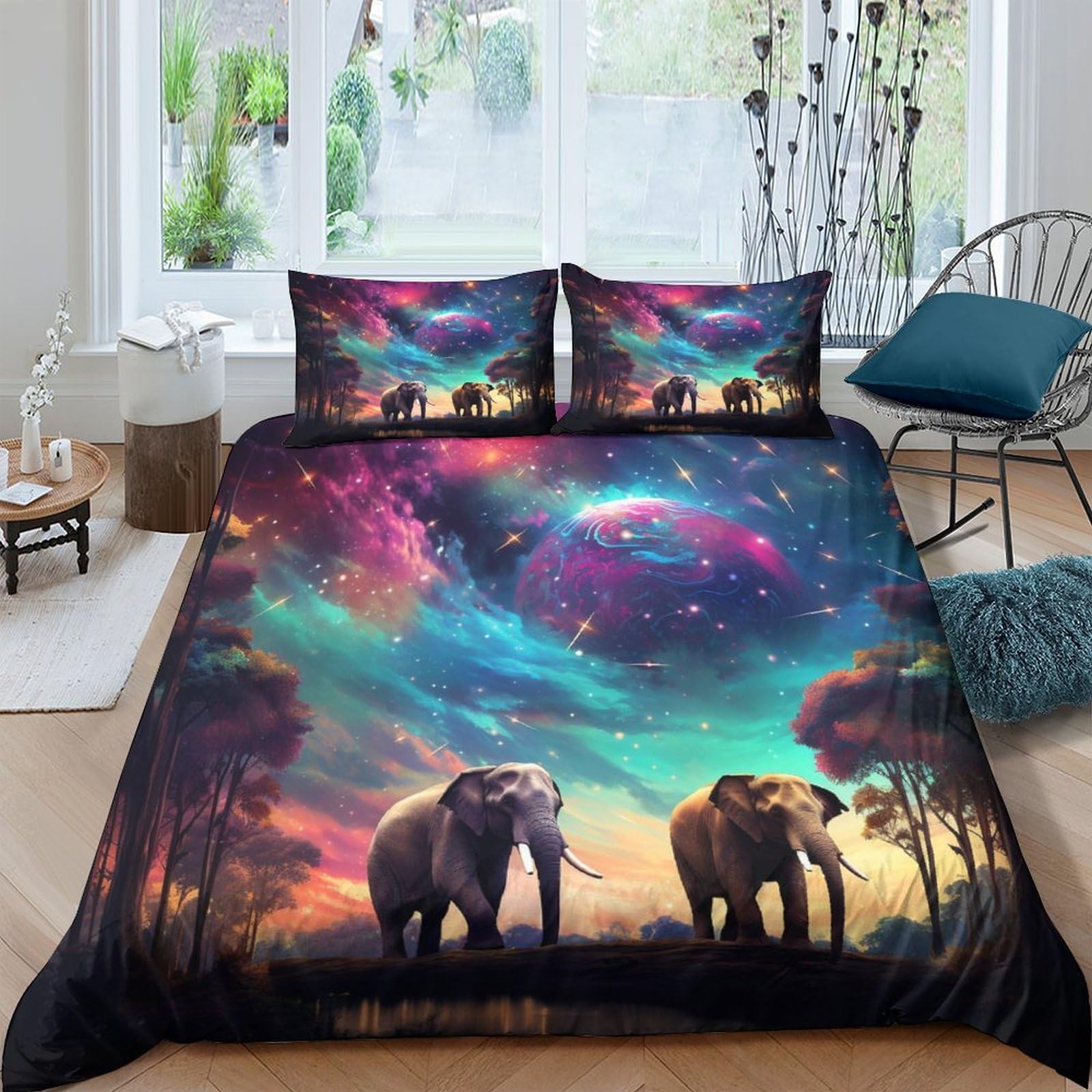 Starry Elephant Duvet Cover Set 3D Printed Decorative Bedding Quilt Cover Hidden Zipper Bedding Anime Sets Comforter Cover Kids Adult Teens Double（200x200cm）