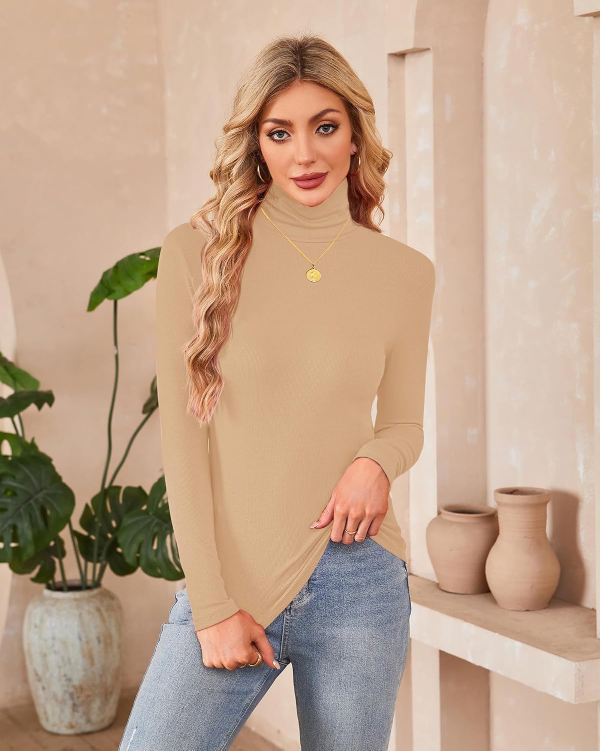 Herou 2 Pack Womens Long Sleeve Turtleneck Slim Fitted Lightweight Casual Active Layer Tops Shirts - Image 3