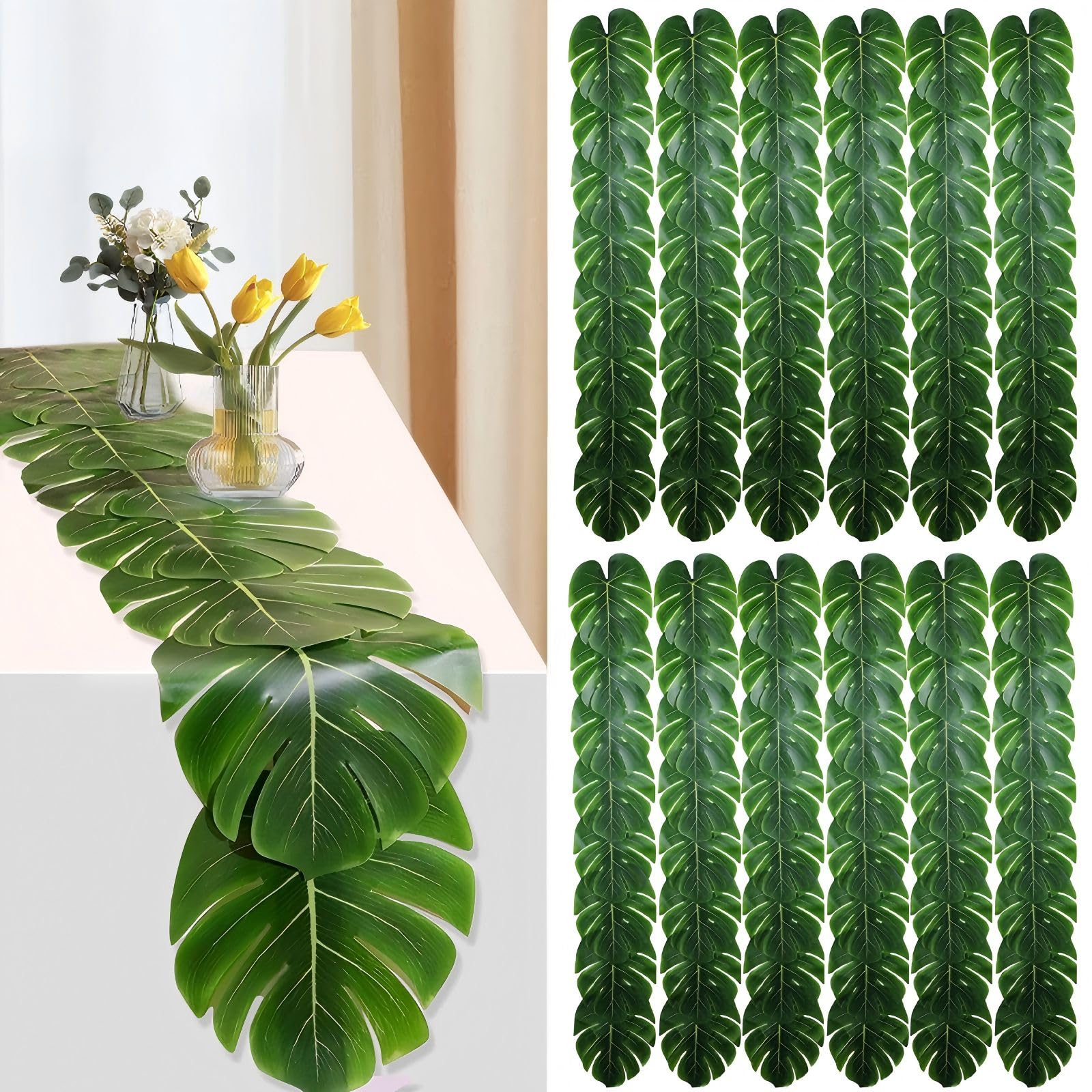 Photo 1 of 12 Pcs Palm Leaves Table Runners 72 Inch, Artificial Tropical Palm Leaves Table Runner Faux Leaf Table Cloth for Wedding Hawaiian Luau Theme Party Supply Summer Table Wall Decorations