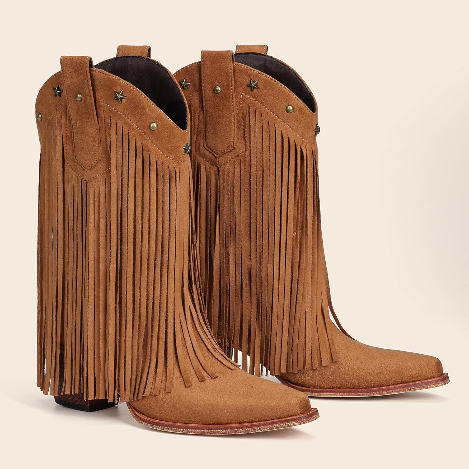 Fringe Cowboy Boots for Women – Mid Calf Cowgirl Boots with Star Studded, Pointed Toe and Chunky Heel, Perfect for Country Music Festivals