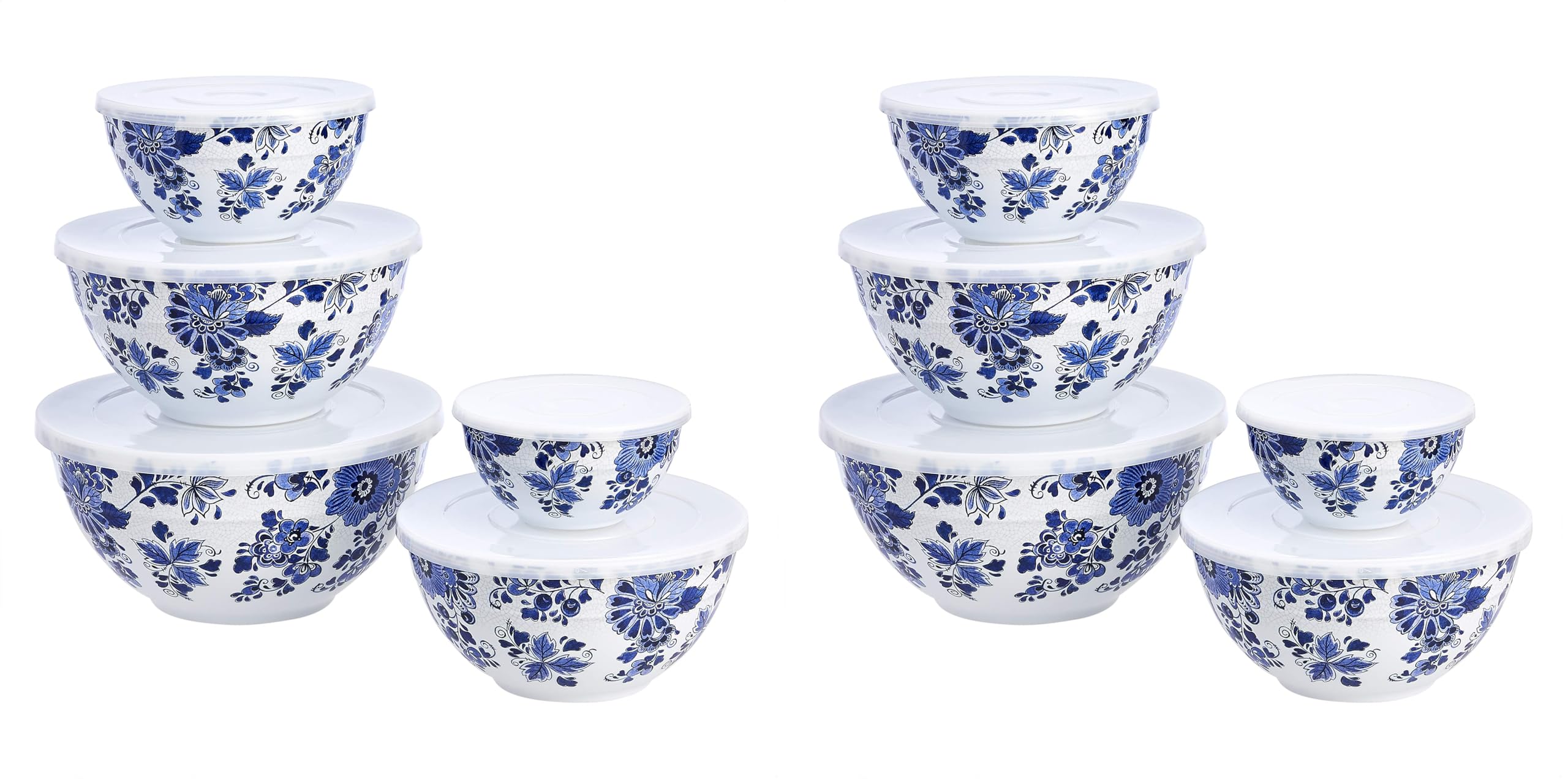Amazon Basics Mixing Bowls with Lids, Nesting Melamine Serving Bowls, Non-Slip Base, BPA Free, Dishwasher Safe, 5 Sizes, Blue and White Floral, Set Of 10 (Pack of 2)