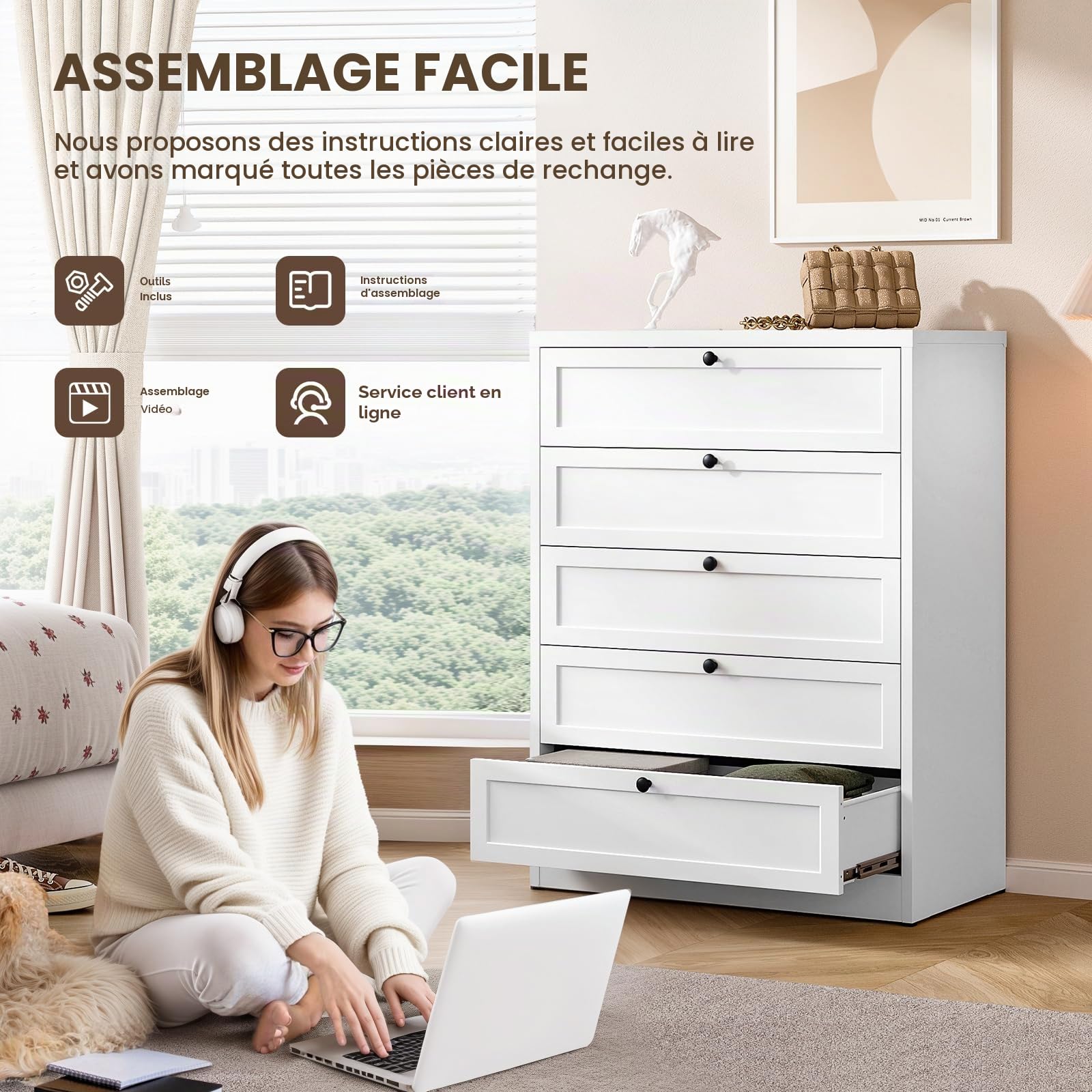 Sightlife Meuble de Rangement, Commode Blanche à 5 tiroirs, Meuble de Rangement pour Chambre, Bureau, entrée, Style comtemporain 121 x 80 x 40 cm