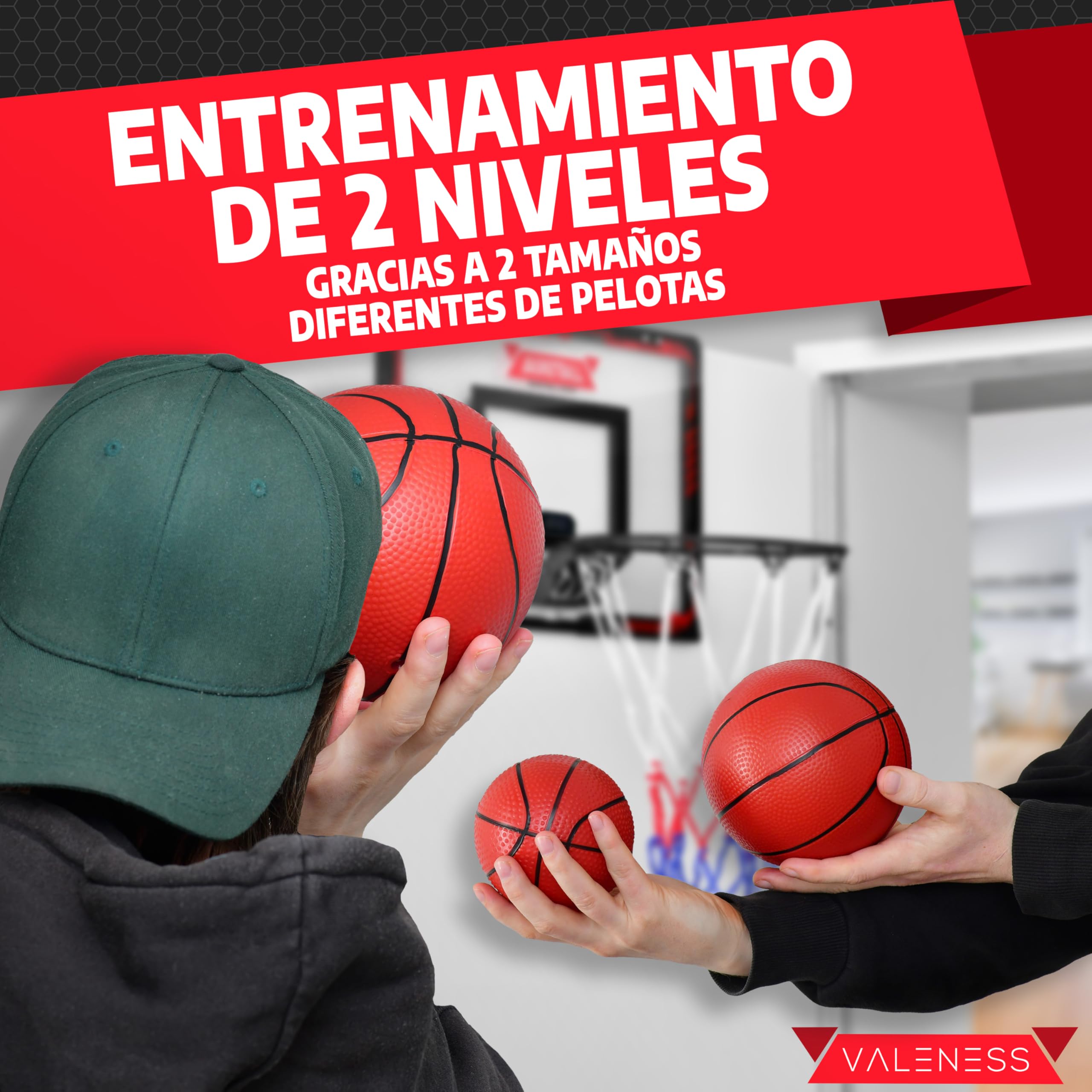 VALENESS® Mini canasta de baloncesto para interior [para puerta y montaje en pared] – pequeña cesta de baloncesto con función oscura, 4 pelotas, bomba y accesorios de fijación – para niños y adultos