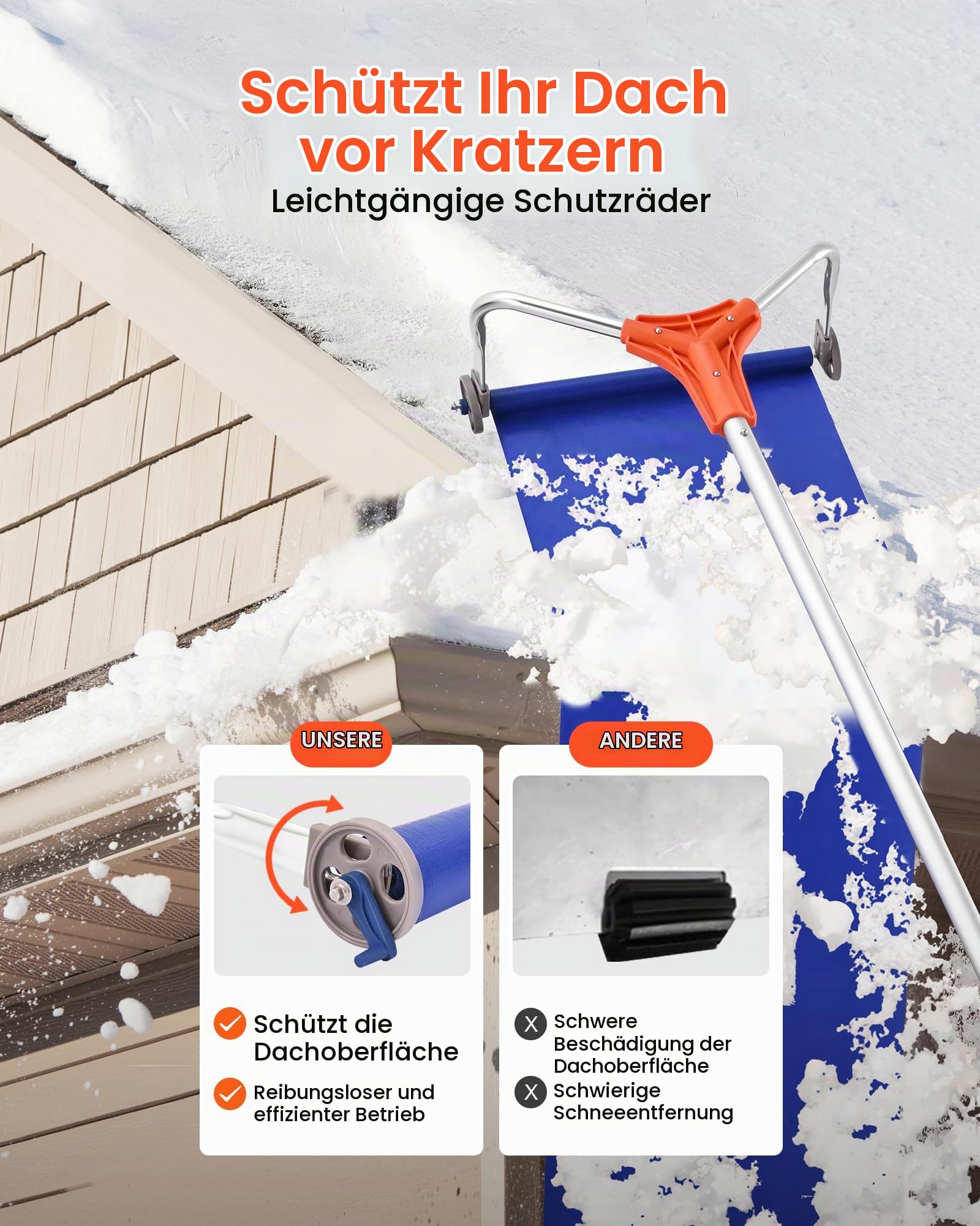 VEVOR Schnee Dachrechen, 432 mm Aluminiumklinge, 125-542cm Verstellbarer Schneeschieber mit Rädern & Gleitschiene, Schneeräumwerkzeug zum Entfernen von Laub & Schnee auf Hausdächern