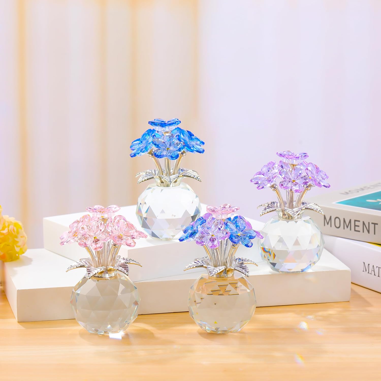 Qianwei Purple Forget Me Not Crystal Flowers - Sympathy Glass Flowers Collectible Figurines Decor Paperweight Ornament Home Office Table Desk Decorations