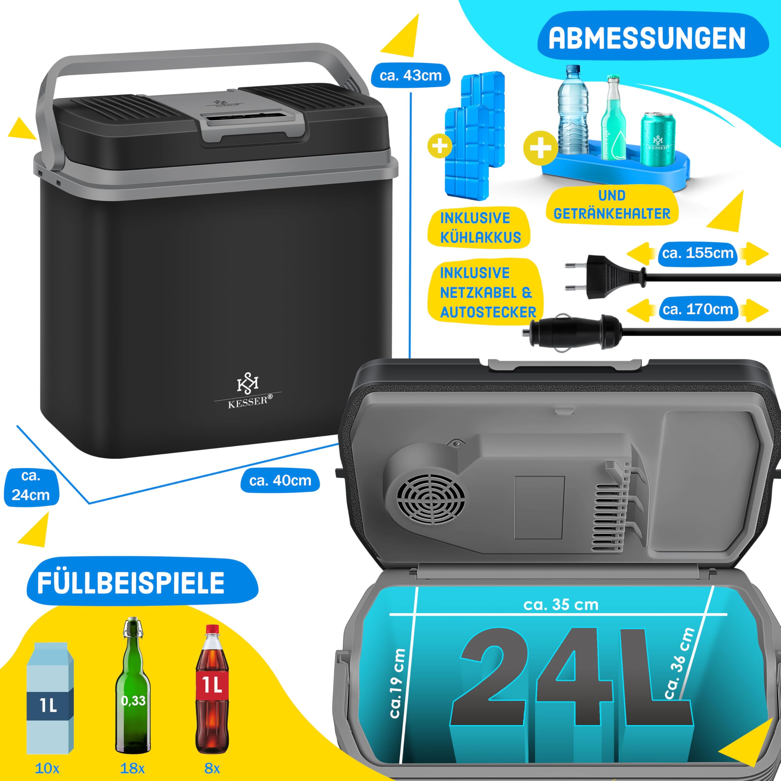 KESSER® Nevera eléctrica portátil 24 litros | ENFRÍA y CALIENTA | Enfriador Termoeléctrica 12V y 230V | Mini Nevera para Auto y Camping | EEK A+++ | Incluye 2 acumuladores de frío