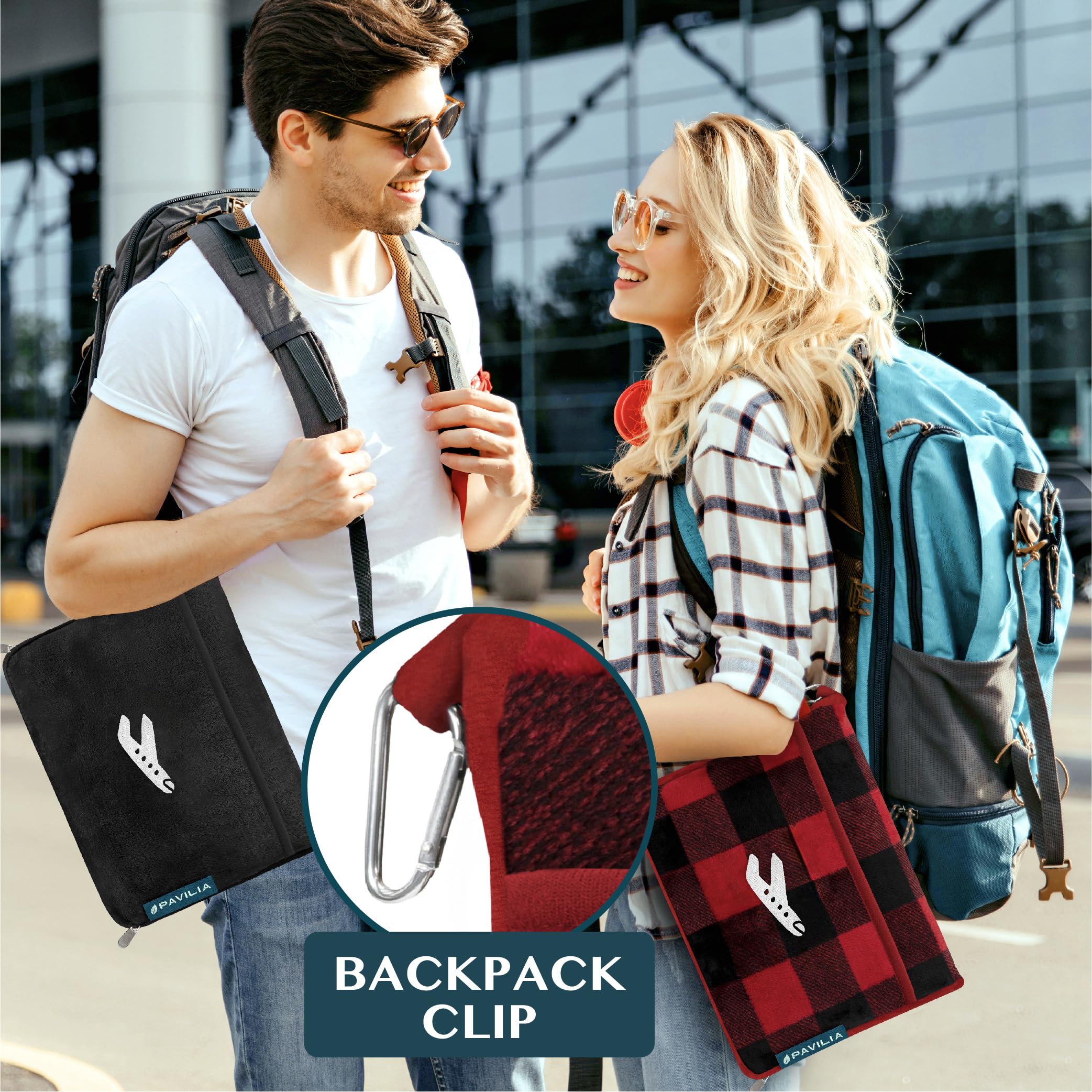 PAVILIA Coperta da viaggio, set di coperte per aeroplano in borsa morbida con tasche, coperta per aereo, compatta e pieghevole, cuscino essenziale per auto, accessori per viaggiatori, regali, cinghia