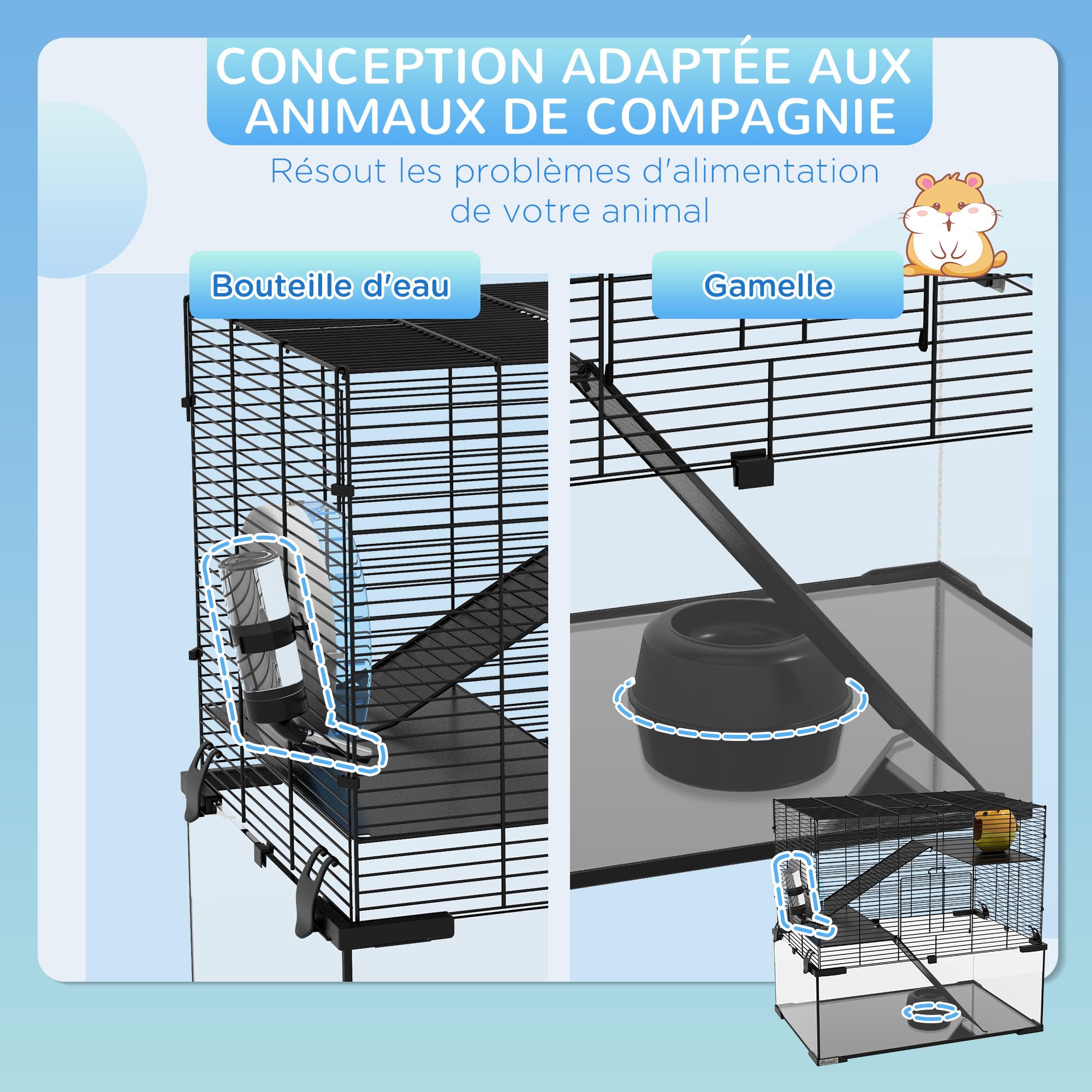 PawHut Cage Hamster 3 Niveaux avec Roue, Rampes, Maisonnette, Abreuvoir, Mangeoire, 60L x 40l x 54,5H cm, Noir