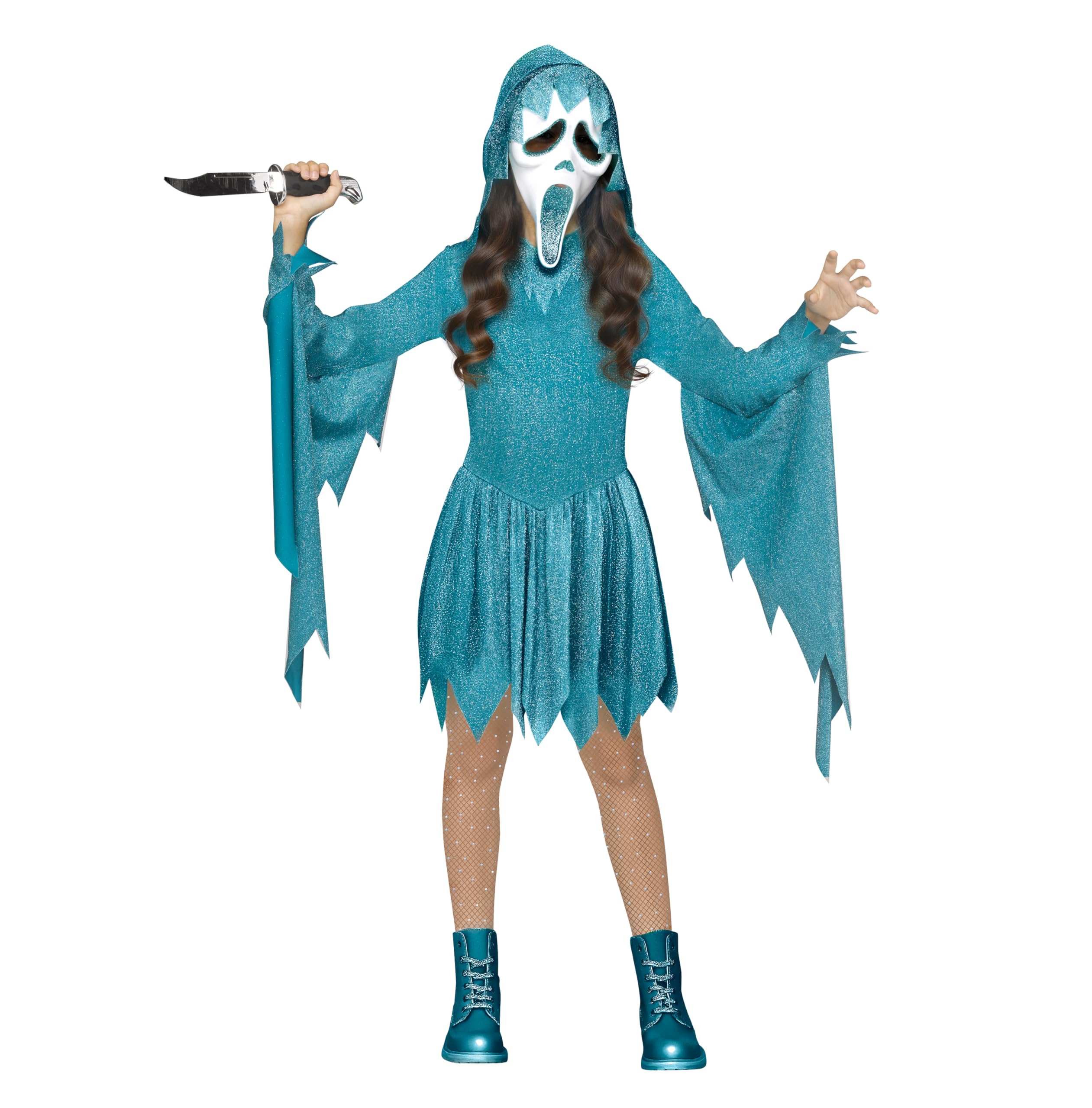 Fun World Ghost Face Girls Glitter Halloween Costume, Extra Large, Pastel Teal X-Large Teal