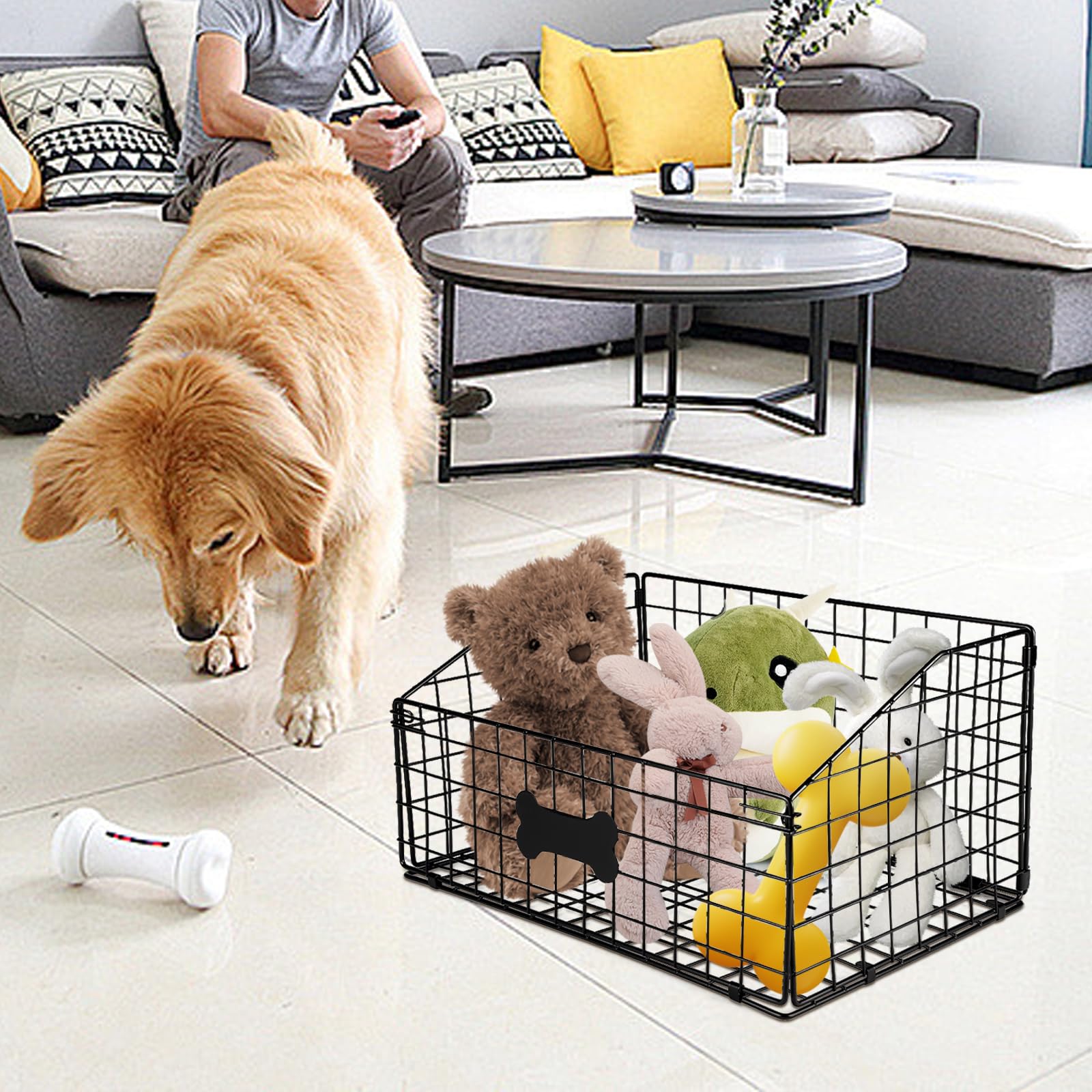 Cesto Organizzatore per Giocattoli di Cani e Gattini, Grande Capacità con Design, Contenitore Pieghevole in Metallo Resistente ai Morsi, Cesto Multiuso per Giocattoli e Alimenti 40x27x21cm Nero