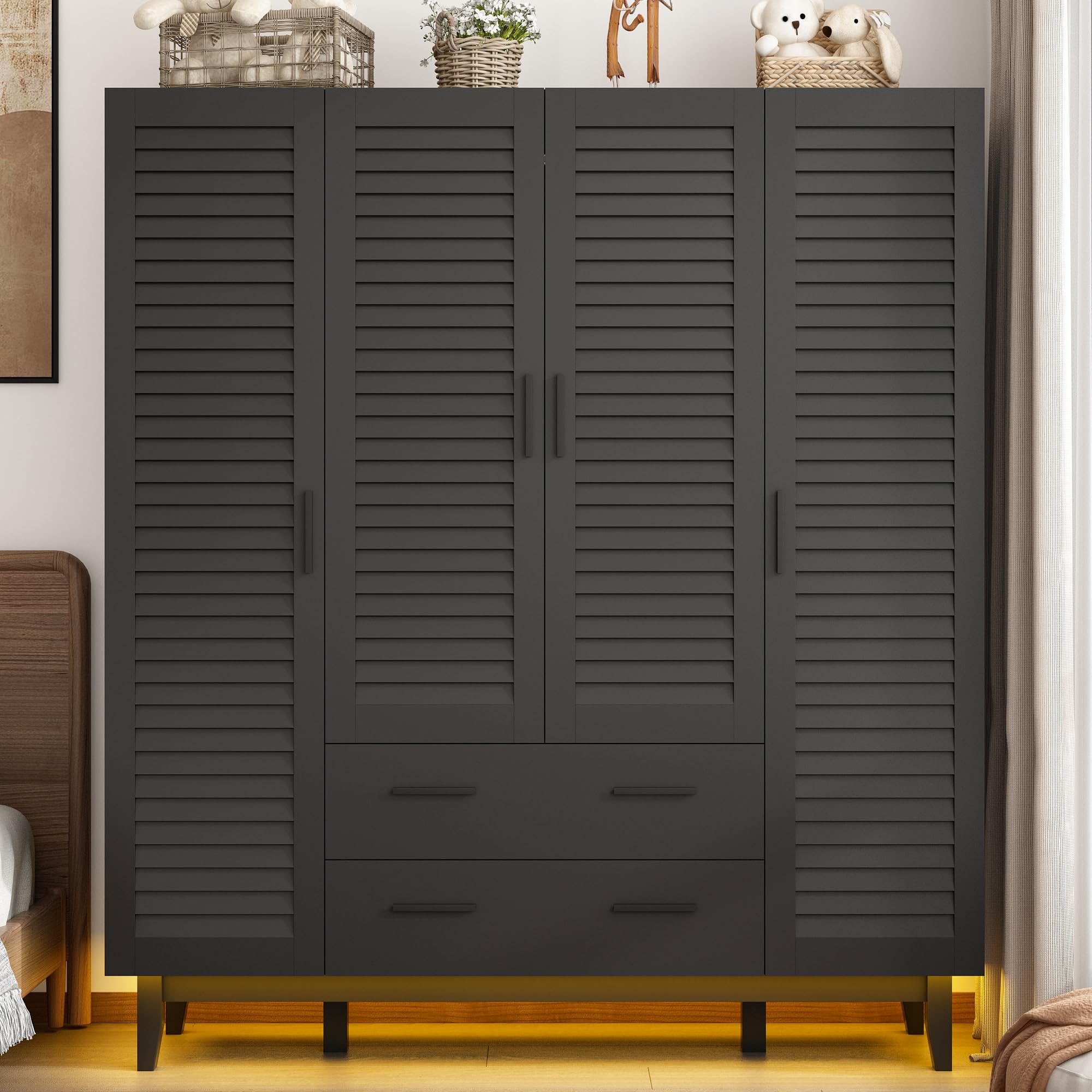 4 Door Armoire Wardrobe Closet Cabinet with Drawers and LED Lights, Multi-Tier Shelves, Hanging Rod & Louver Doors, Large Capacity Storage Wardrobe Armoire for Bedroom(4 Doors Black)