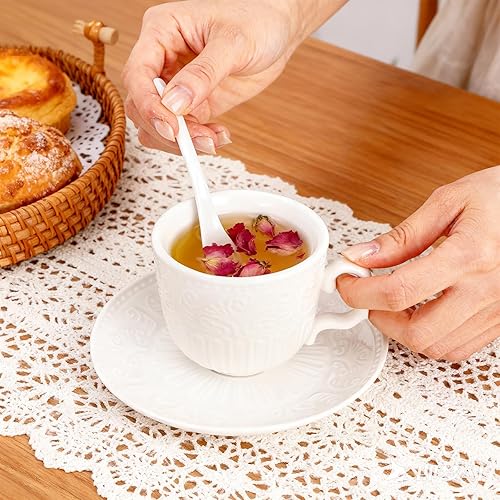 Miniatura 5 de Juego de 6 tazas de té y platillo, taza de té de porcelana vintage de 6 onzas con cuchara, juegos únicos de tazas de capuchino floral en relieve