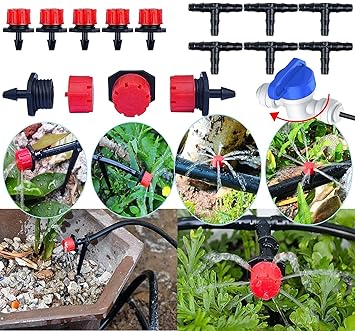 DIY Crafts Red Head Sprinkler Drip Irrigation Kit for Cooling System Animal Plants Swimming Pool Cooler Tube Hose Pipe Nozzles Misters Water Patio Garden (Drip Irrigation Kit) (25x Heads, Drip Kit)