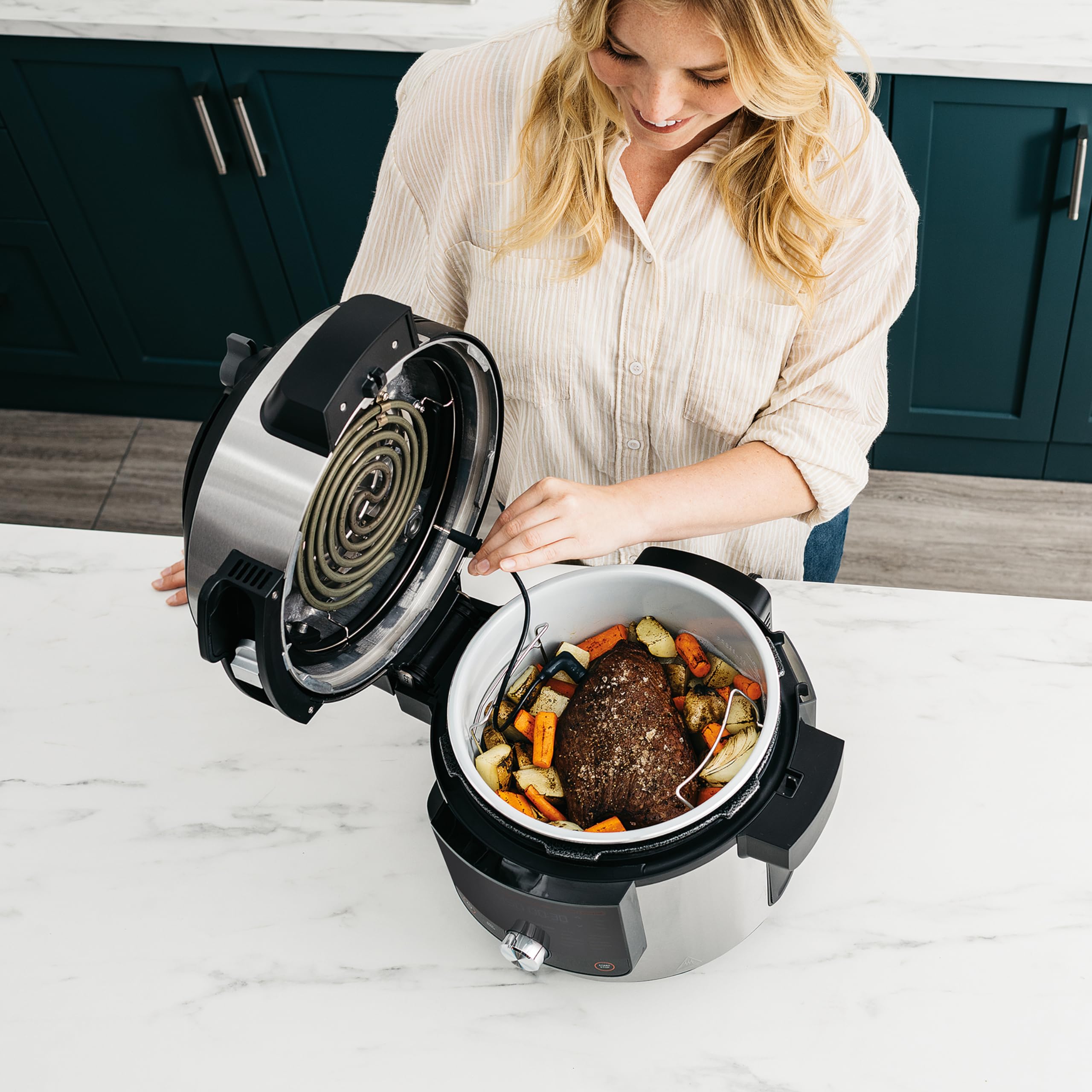 Ninja Foodi MAX Olla eléctrica multifunción con SmartLid, 7,5 l, 14 funciones de cocción en 1, Olla a presión, Freír con aire, Cocción lenta, Parrilla y más, sensor digital, acero inoxidable, OL750EU