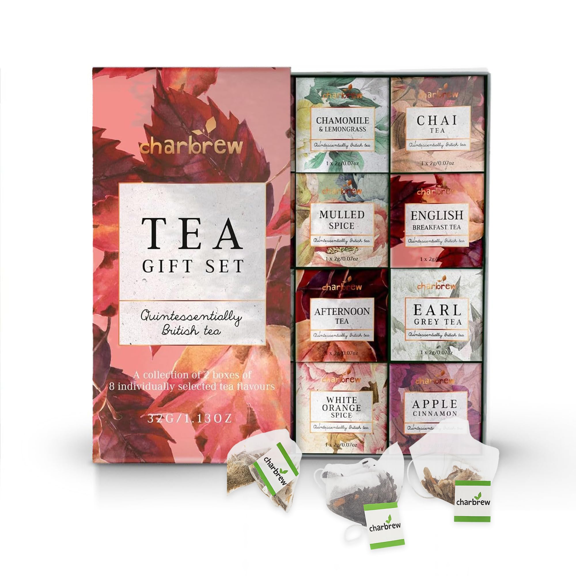 Charbrew Autumn Floral 16 Box Assortment Tea Gift Set - 16 Mesh Teabags 8 Mix Tea Blends Including Classic & Herbal/Fruit
