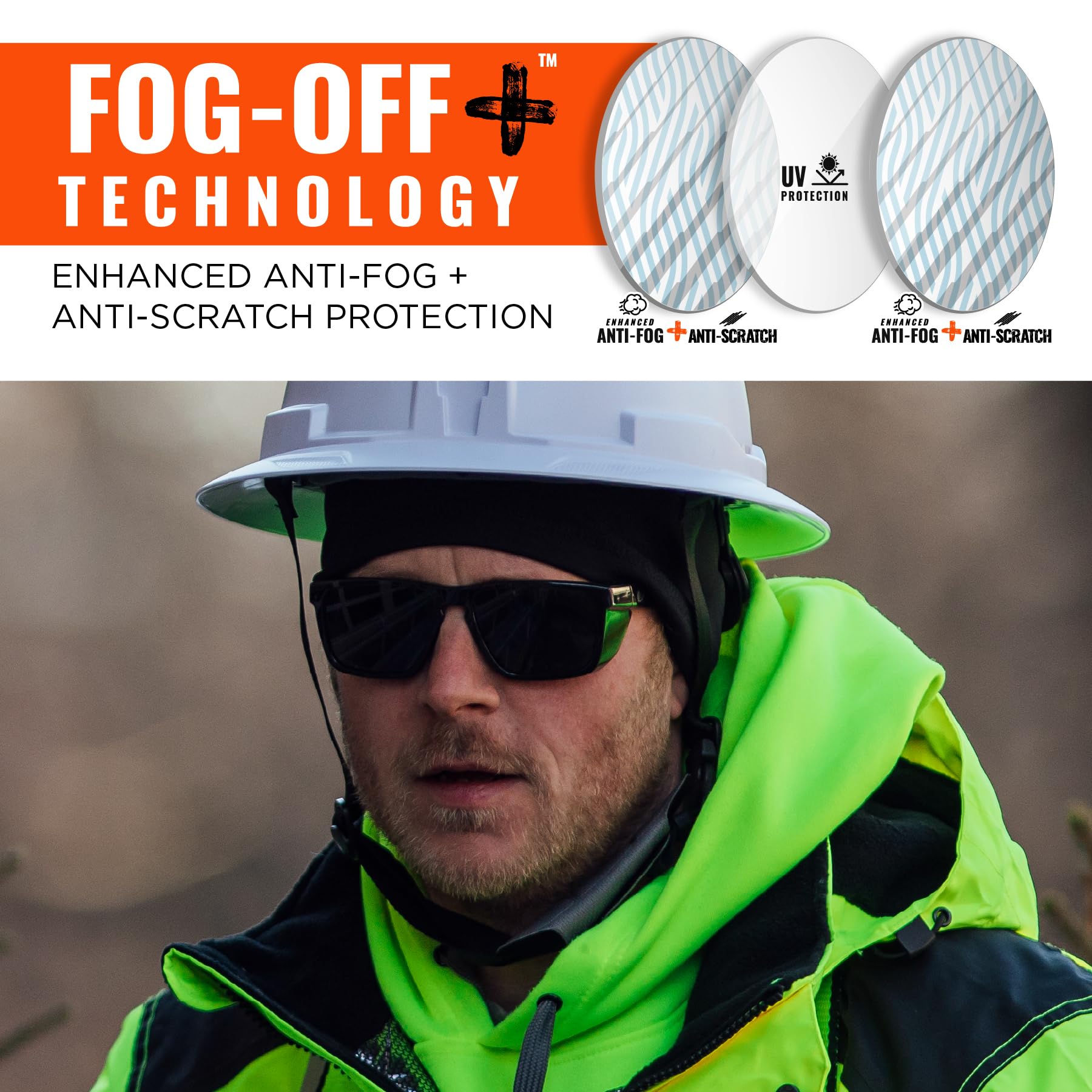 Ergodyne Lunettes de sécurité Skullerz SIXTEN avec protections latérales, anti-buée et anti-rayures, ANSI z87.1 avec sac de protection pour nettoyer et ranger les lunettes en microfibre