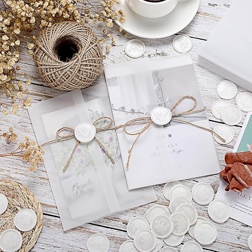 Sabary 100 chaquetas de papel de vitela para invitaciones de boda de 5 x 7, 100 calcomanías de sello con 1 cuerda, revestimientos de papel