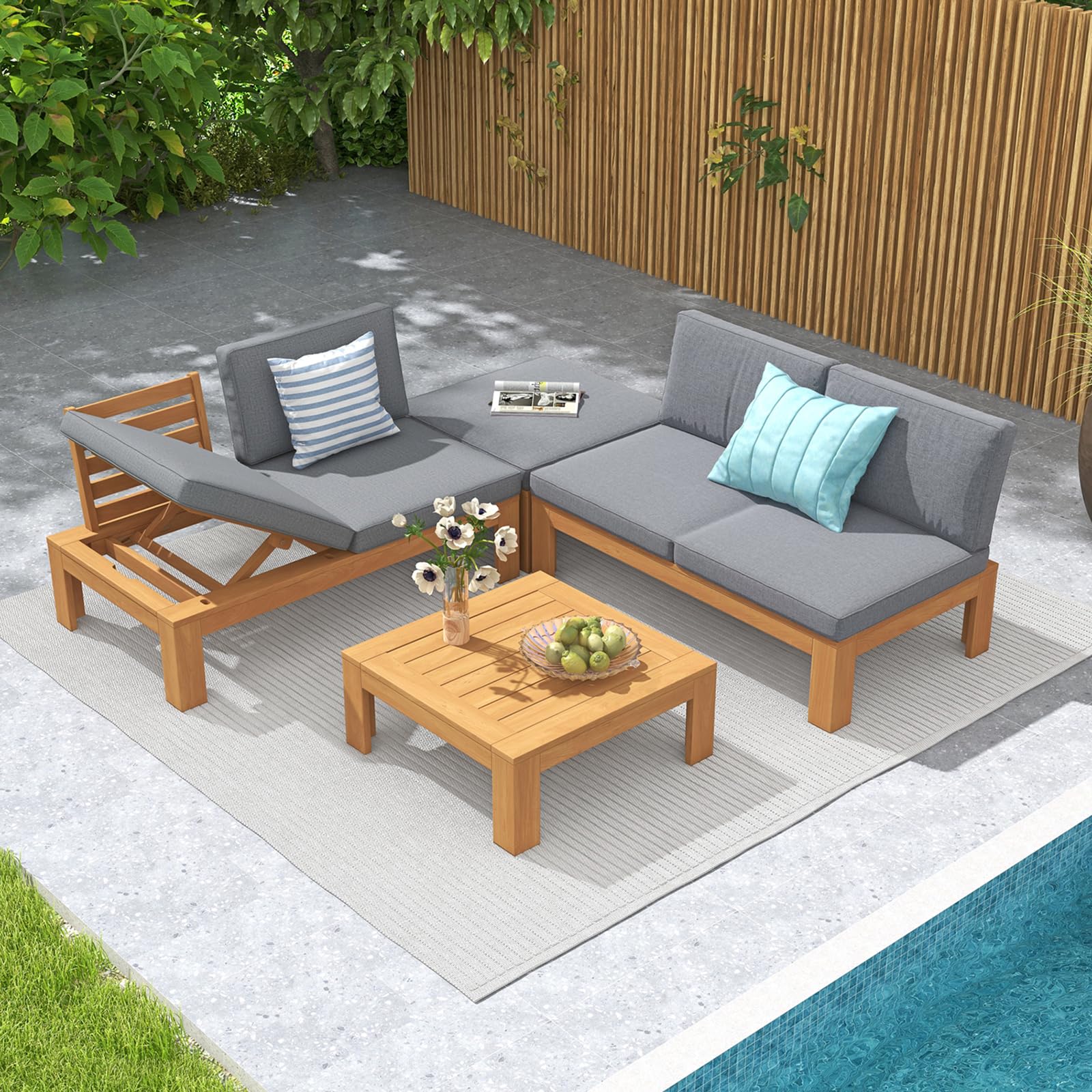 SUNSITT 4 Piece Acacia Wood Patio Furniture Outdoor Sectional Sofa Set with Adjustable Armrest, FSC Certified L-Shaped Patio Set w/2-in-1 Coffee Table