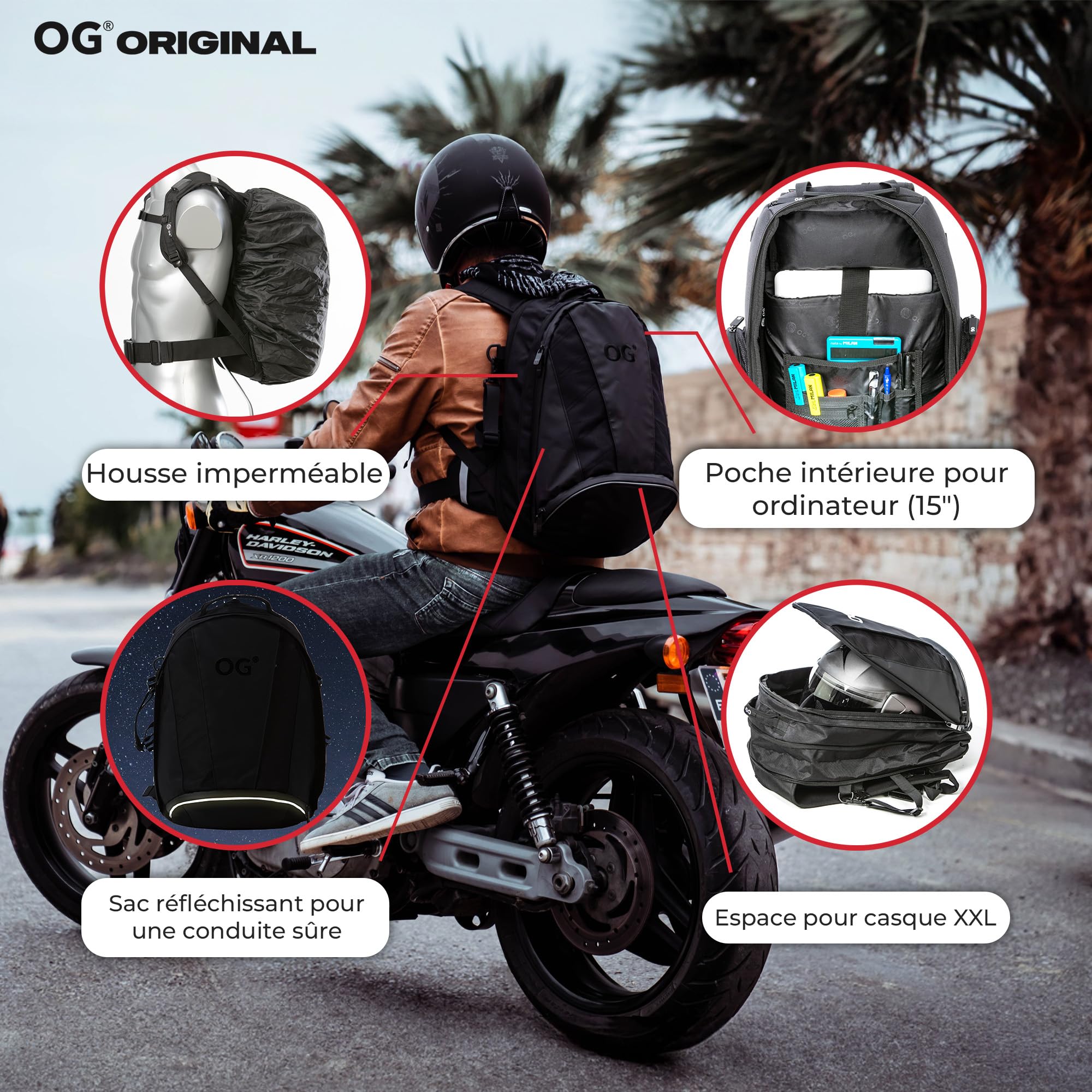 OG Original EZ-RiderPRO Sac à Dos Moto Noir Extensible 28-35L, Sacoche Porte-Casque Motard, Sangle Casque, Étanche, Portable, Réfléchissant, Logo Noir