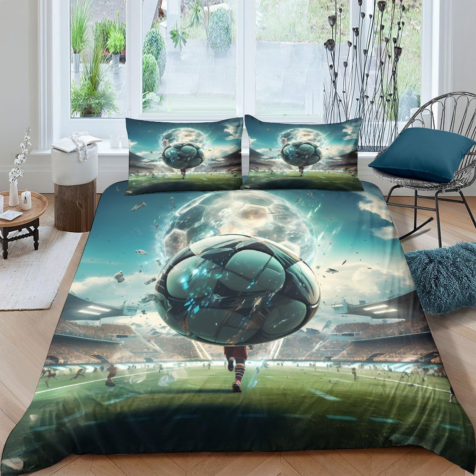 Ctjqhvkz Style-4 3D Printed Soccer Stadium Fitted Sheet Microfiber Soft Blue Sky Football Mattress Cover For Bedroom Guest Room Single（135X200cm）