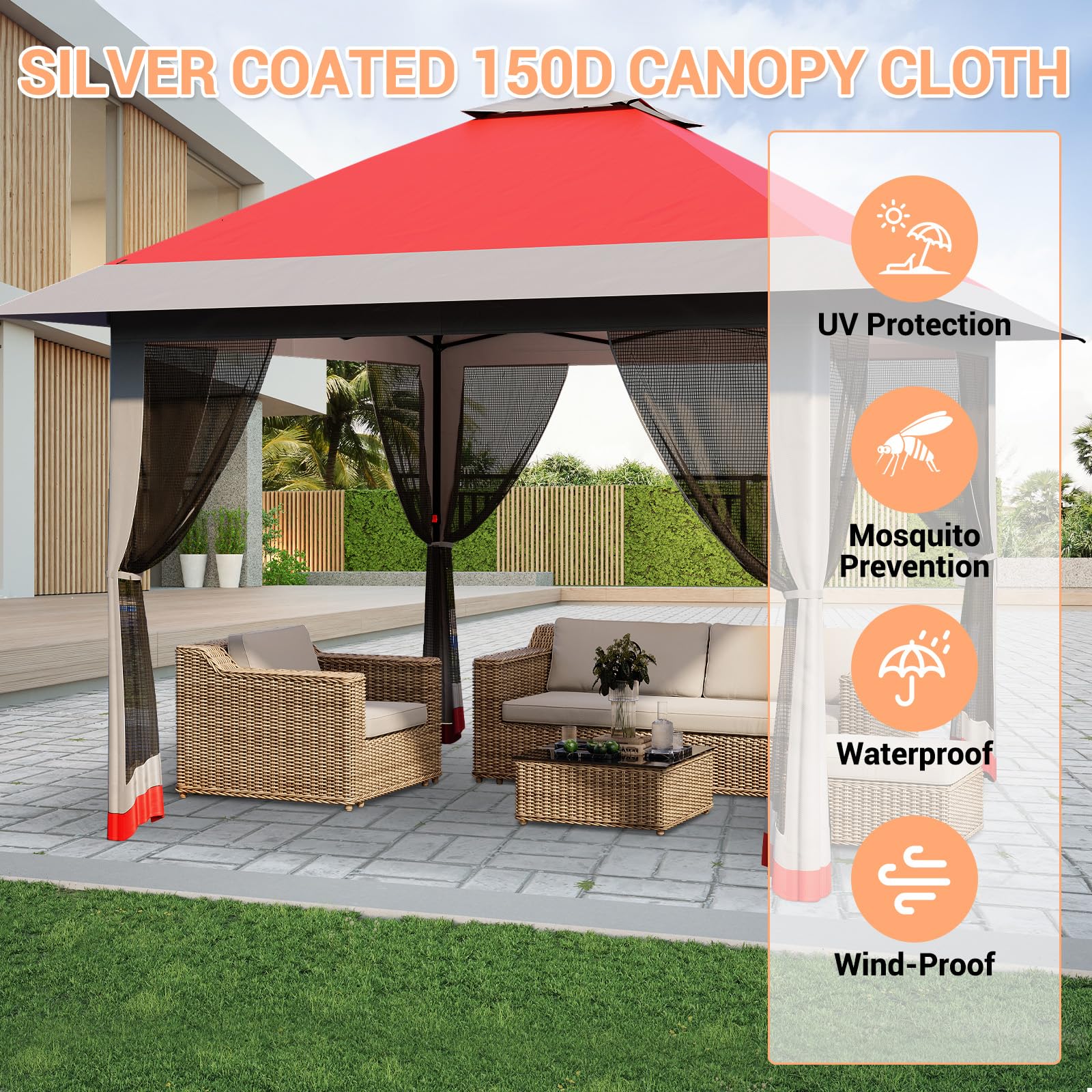 4 x 4 m Pop Up Gazebo, Waterproof Pop Up Tent with 4 Mosquito Net Side Panels, Heavy Duty Gazebo with Carry Bag, 360° Ventilation, Instant Event Shelter for Patio, Garden, Family Parties and Camping - Image 2