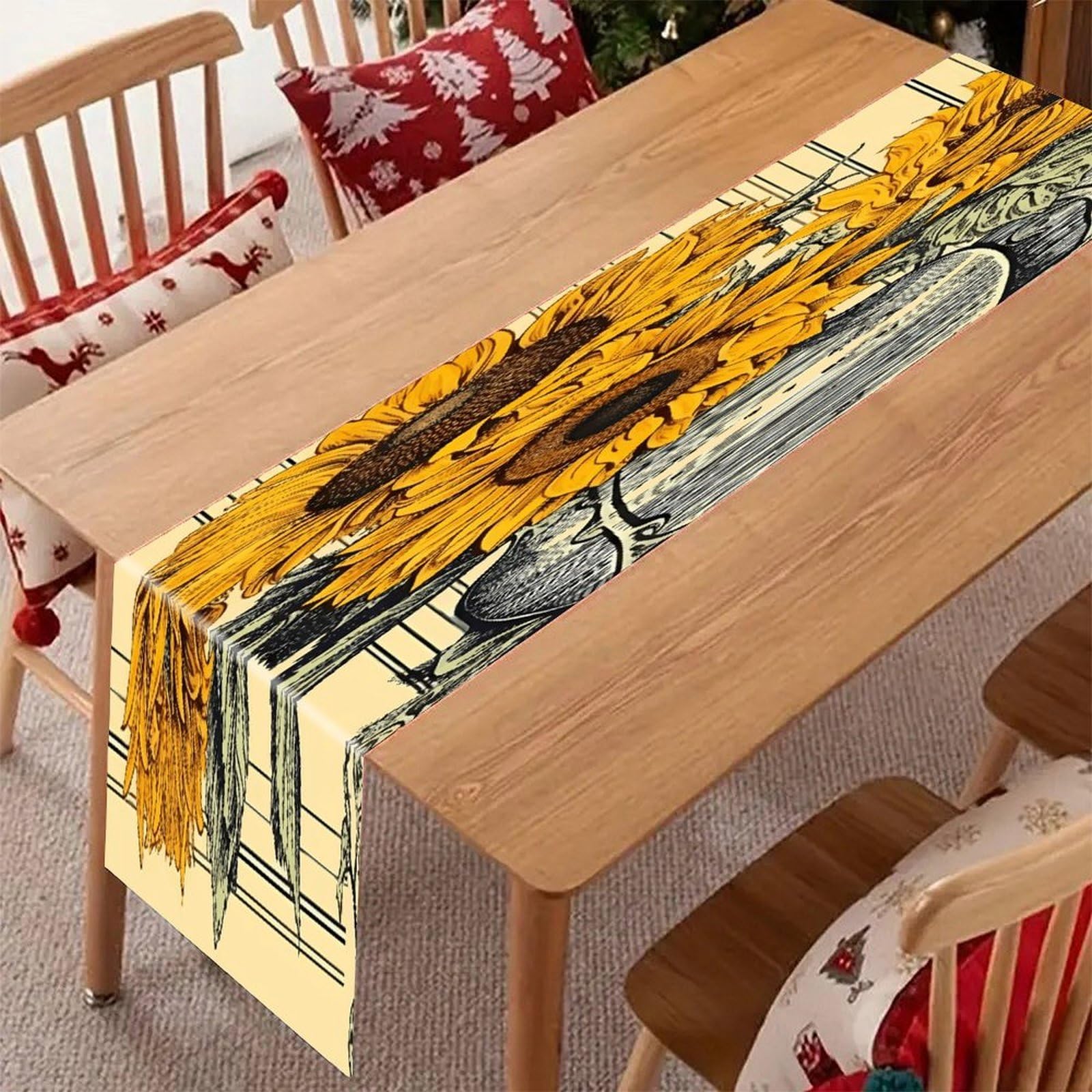 Adfgyerh Style Sunflower Pattern Table Runner，Pure Linen Chambray ,Boho Table Runner，Heavy Duty Washable Fabric Decorations ，For Party Kitchen Dining Table Coffee Holiday Party Decor (12X70.87 Inches)