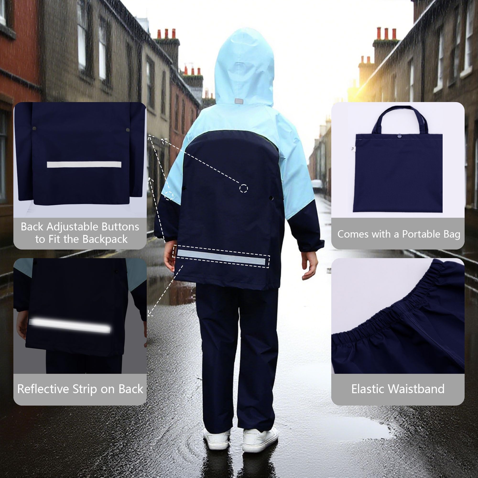 Chubasquero Impermeable Niño Niña Chaqueta Lluvia & Pantalones Traje con Capucha y Bolsa Portátil Impermeable Traje de Lluvia Conjunto Ligero Aire Libre Abrigos para Adolescente 8-14 años