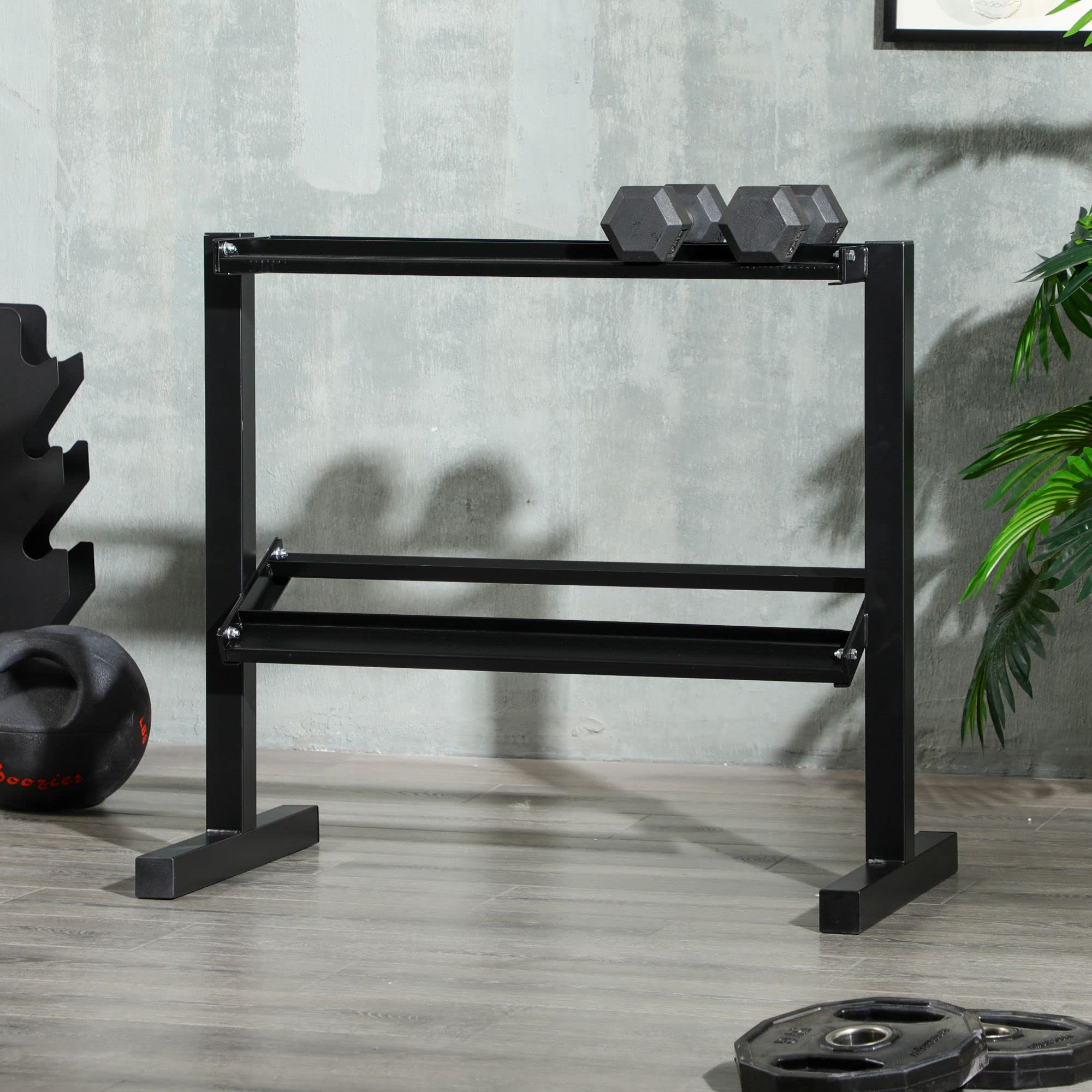 SPORTNOW Porta Pesi con 2 Ripiani in Acciaio per Palestra, Casa e Ufficio, 94x52.5x82 cm, Nero