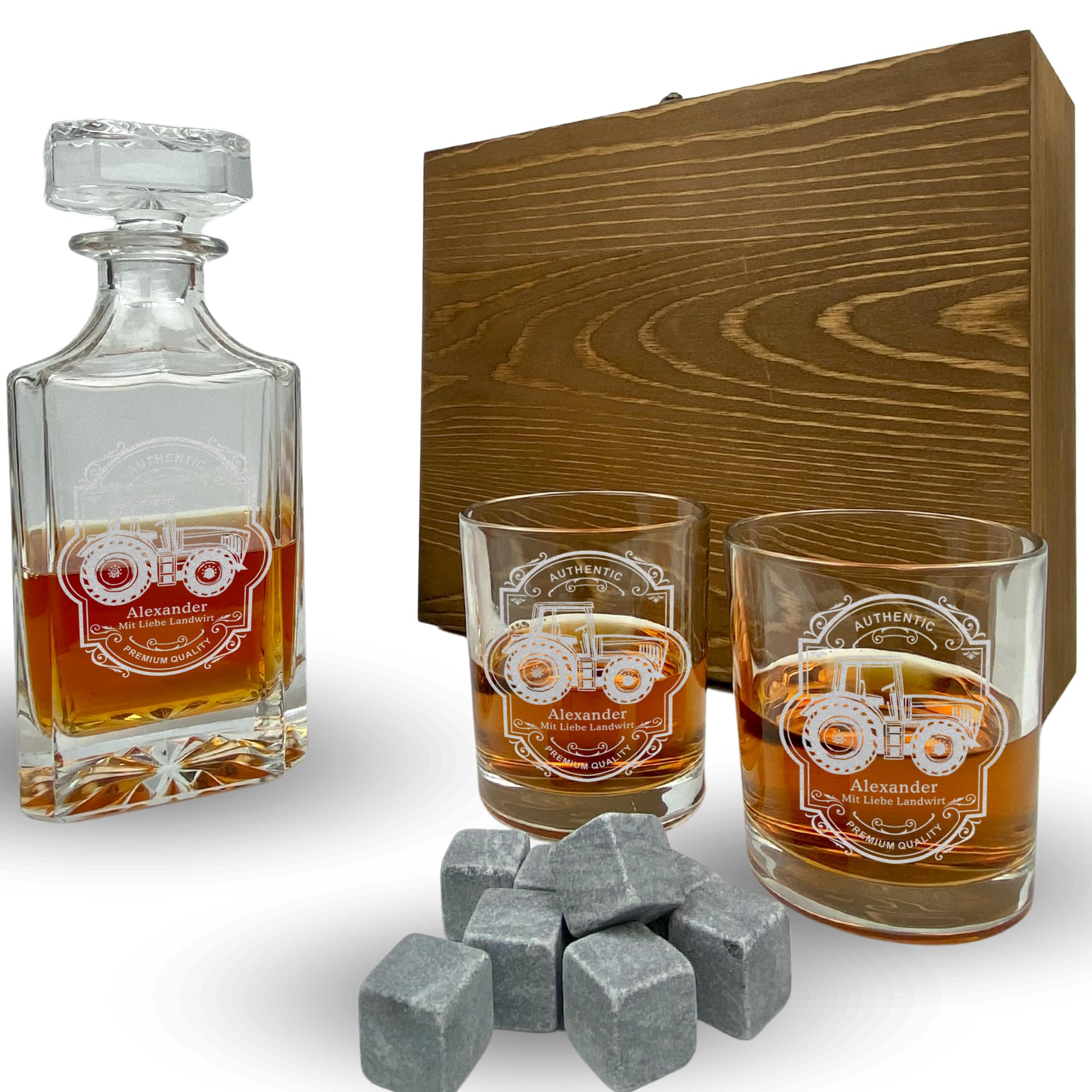 Whisky Set mit Gravur Traktor personalisiert Karaffe 700 ml und Gläser verschiedene Motive Landwirt Bauer Trecker Geschenkbox (Motiv 4: Klassisch, Karaffe + 1 Glas)