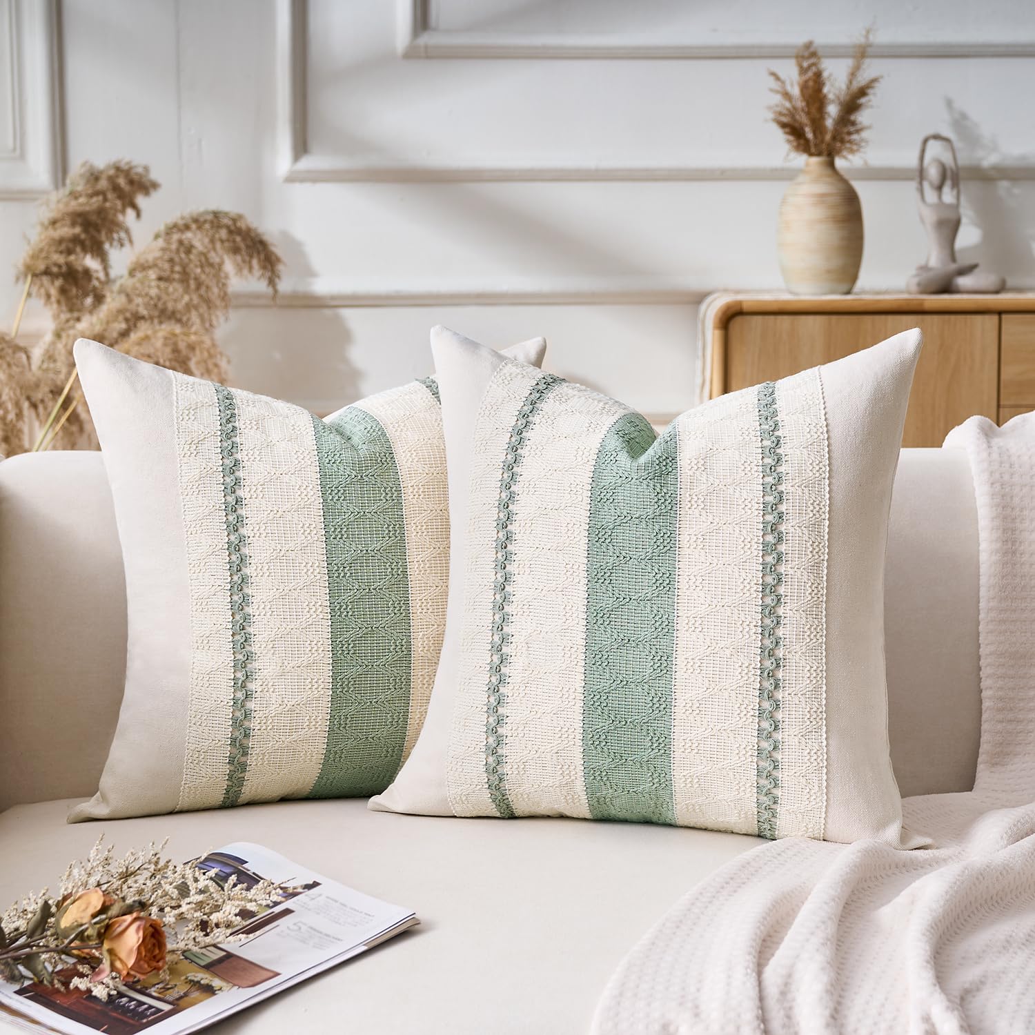 Set di 2 Boho Federe de Cuscini per Divano 40x40 Verde Salvia Moderno Fodere Cuscini Cotone e lino Macramè Cuscino Decorativo Quadrate Fodera per Cuscino per Divano Soggiorno Giardino