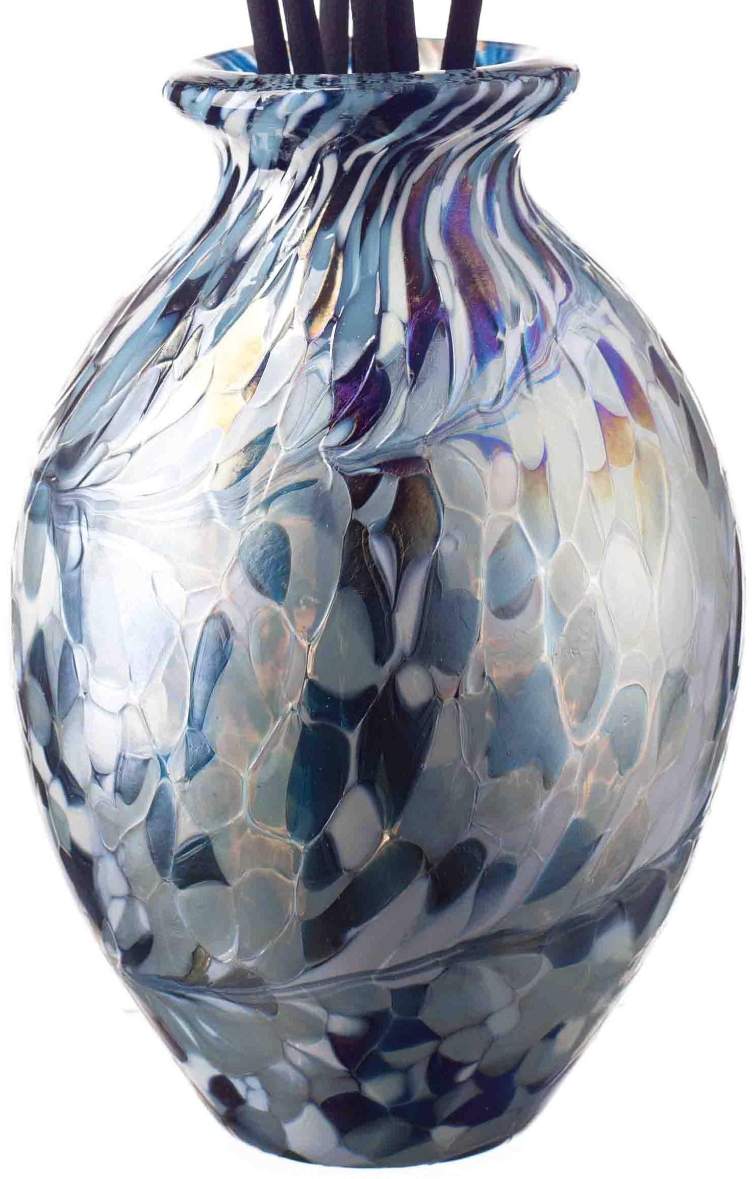 Coloured Mouth Blown Glass Bud Vase Reed Diffuser - Turquoise & White Height 14cm