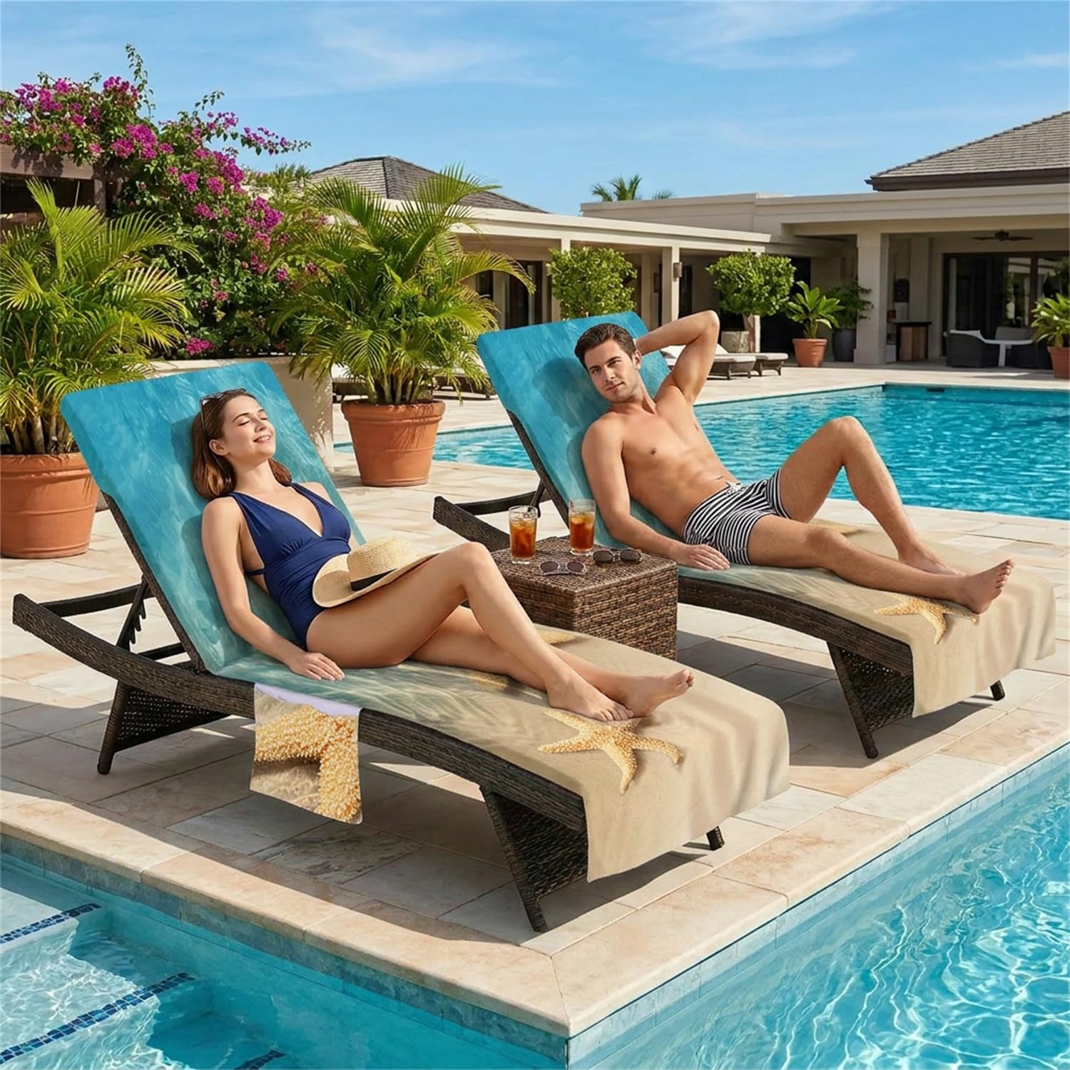 Surwin Telo Mare per Lettino, Stella Marina Microfibra Fodera per Sedia da Spiaggia con Tasche Laterali, Copri Lettino Mare per Asciugamano Piscina | 75x210cm, Verde
