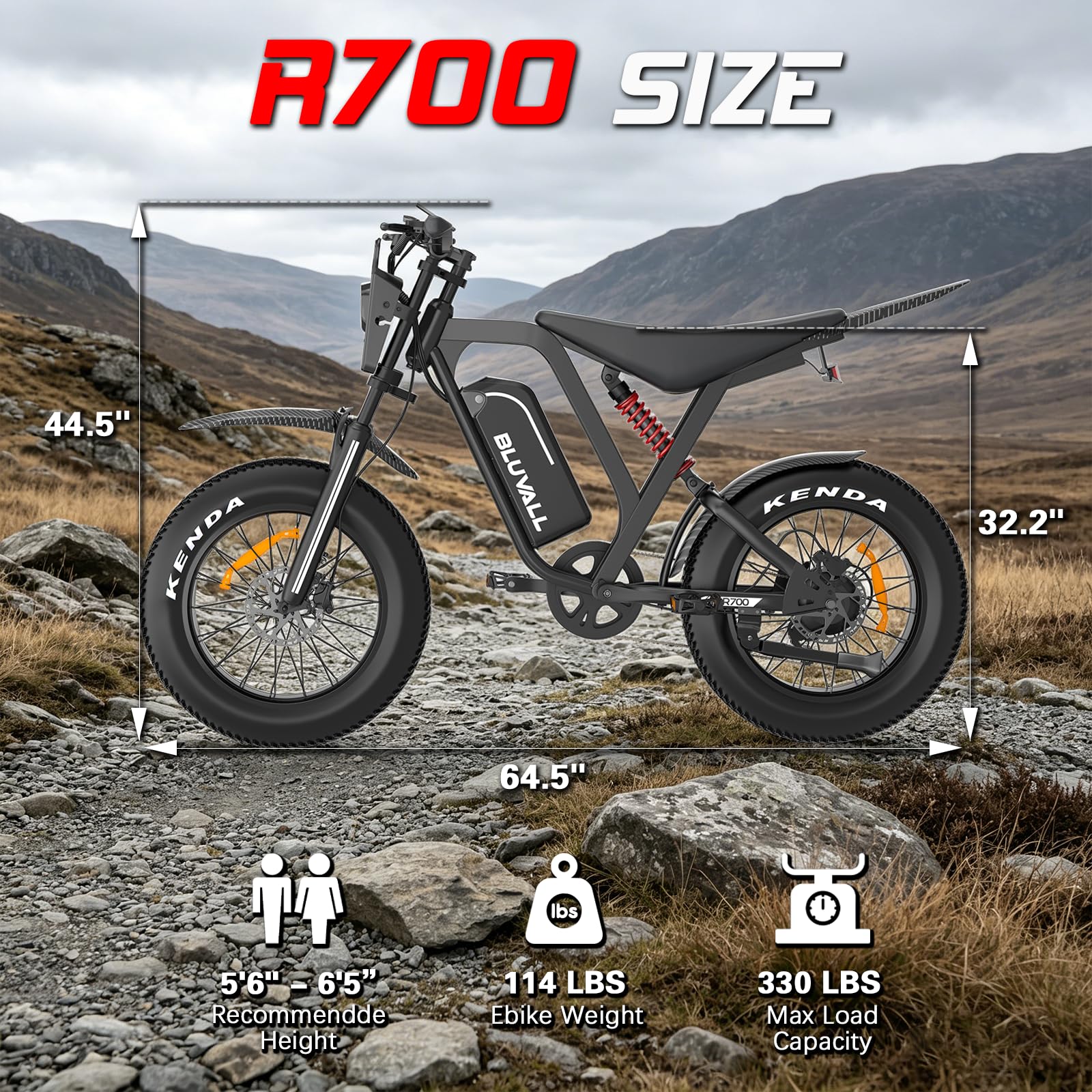 DEEPOWER R700 Bicicleta Eléctrica, Neumáticos Gruesos 20"×4.0, Batería Extraíble 52V 25Ah, Autonomía de 115 KM, 7 Velocidades, Suspensión Hidráulica Completa