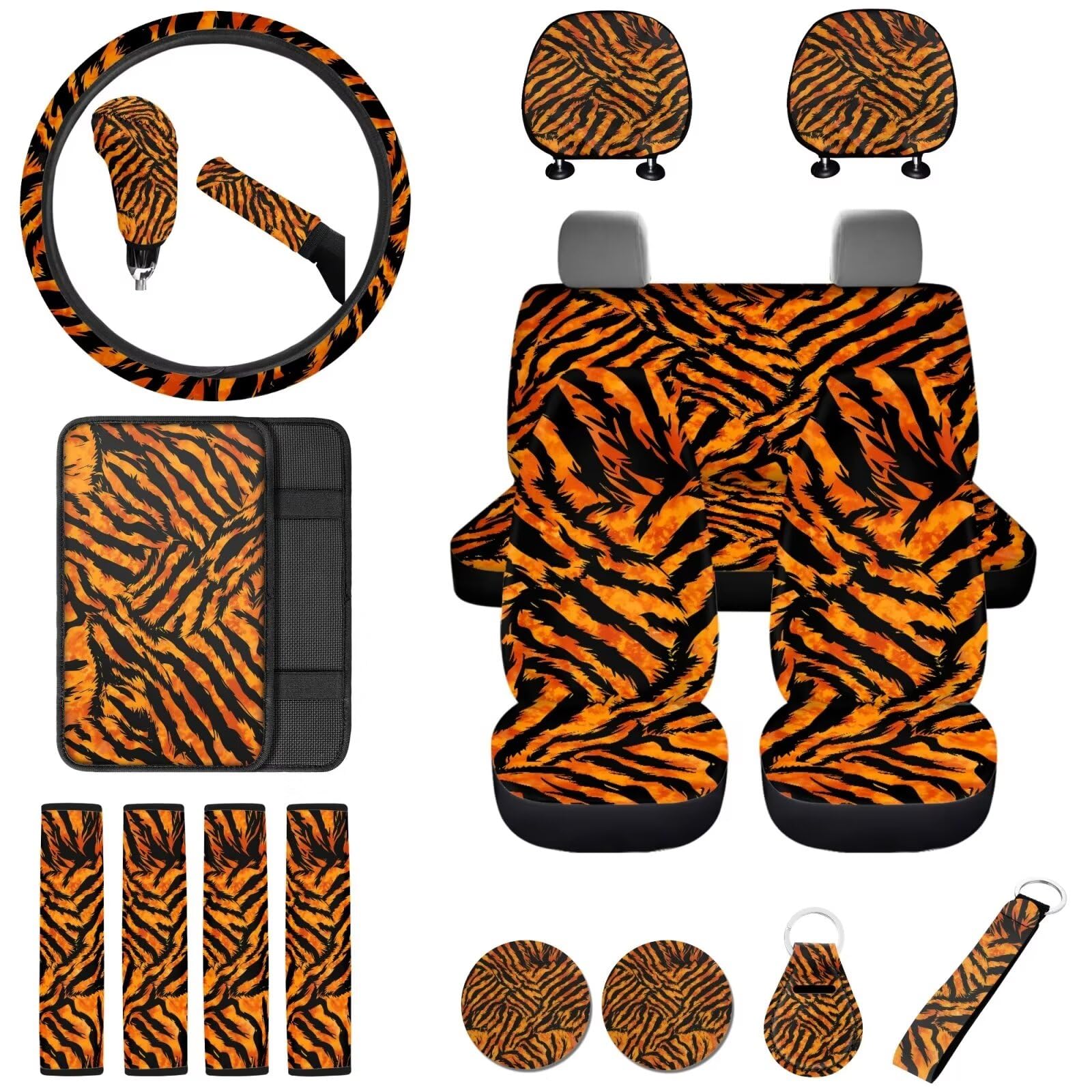 Finagallathe Tiger Print Car Seat Covers Full Set with Pillow Cover Auto Steering Wheel Protector+Seat Belt Shoulder Pads+Car Cup Coaster+Handbrake