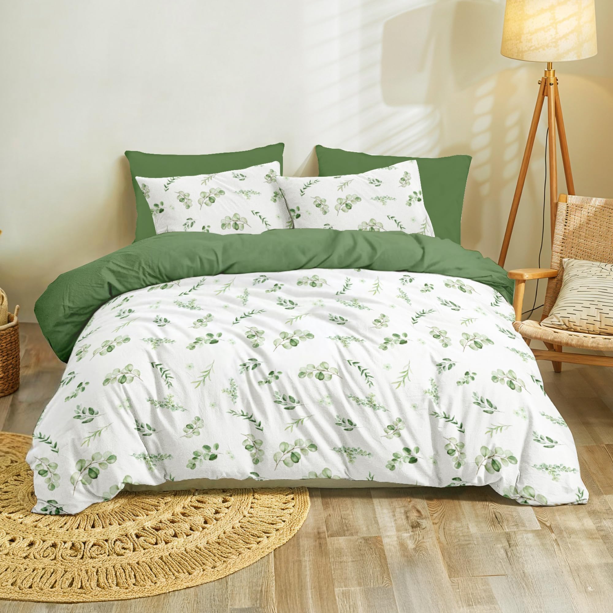 Dreamzie - Bettwäsche Set 200x200 cm Botanic-Motiv Salbeigrün mit 2 Kissenbezügen 50x70 cm - Bettwäsche 200x200 Einzelbett aus 100% Mikrofaser - Zertifiziert ohne Chemikalien (Oeko TEX)